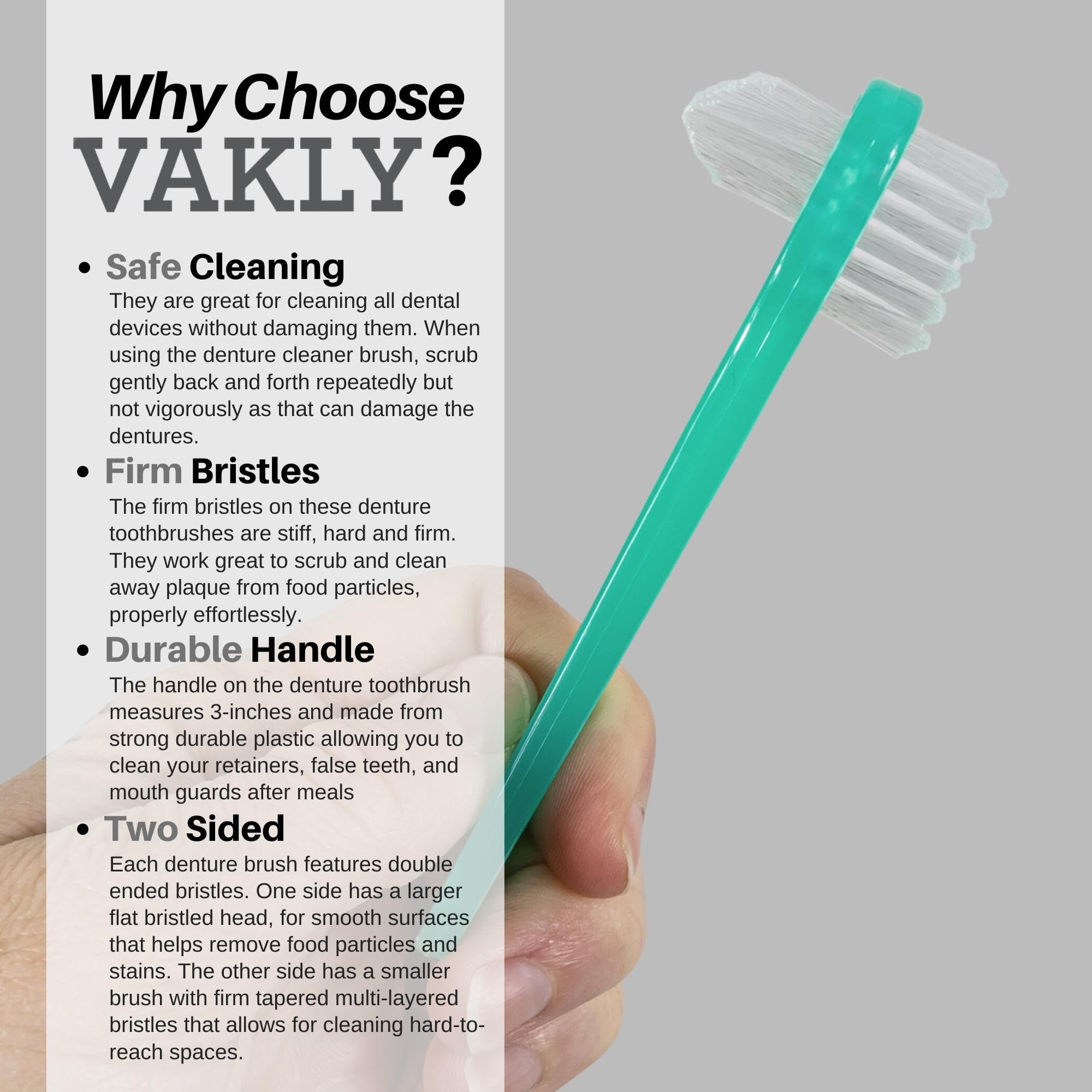 Vakly Denture Brush Pack of 10 - Hard Bristle for Dentures, Retainers & Mouth Guards - Dental Care Essential