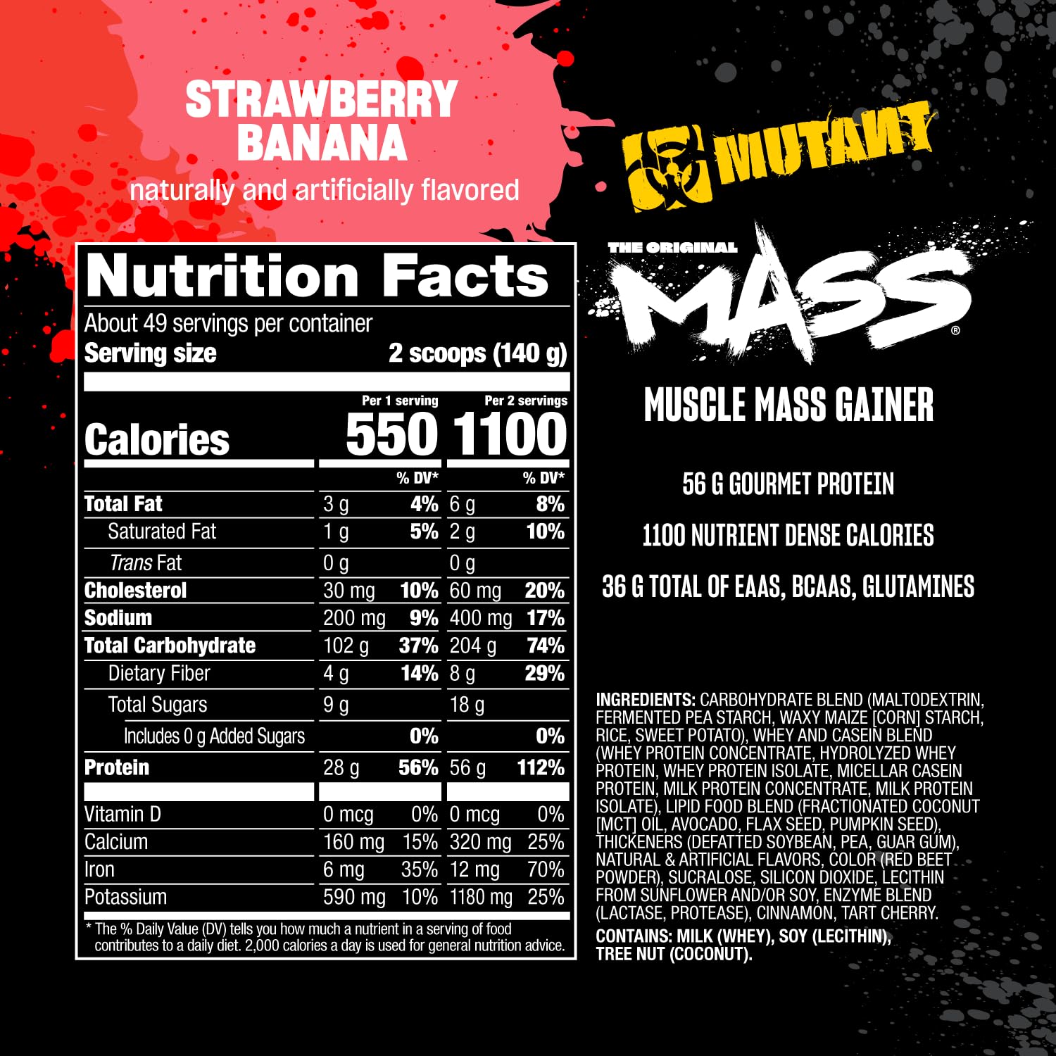 Mutant Mass Weight Gainer Protein Powder - Whey & Casein Protein Blend for Muscle Growth - 15lb Strawberry Banana Flavor - High-Calorie Workout Shakes, Post-Workout Recovery & Meal Replacement Drinks
