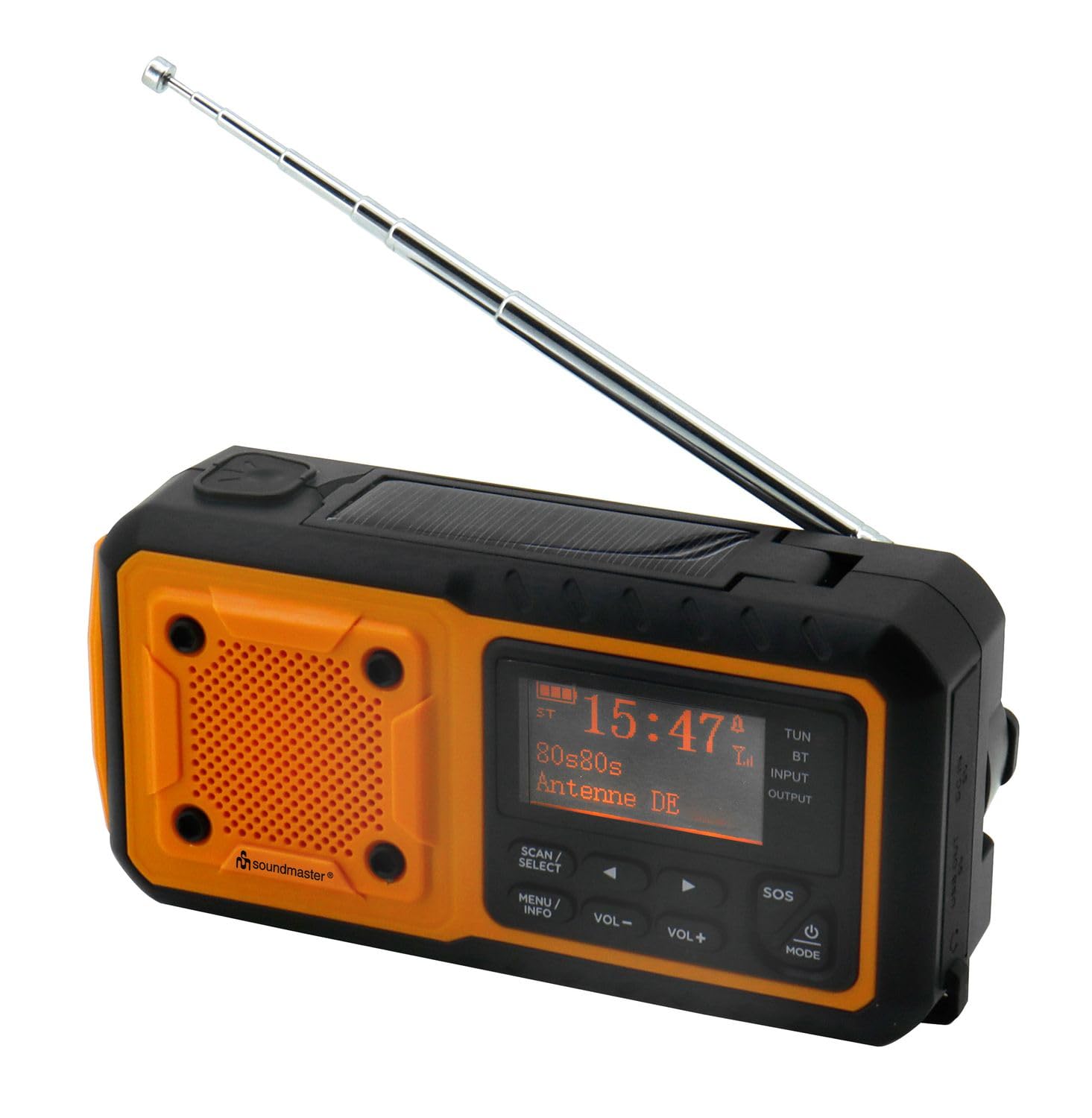 Soundmaster DAB112OR Emergency Radio - Solar/Dynamo Powered, DAB+/FM Digital Radio with Bluetooth, LED Light & Rechargeable Li-Ion Battery - Perfect for Camping, Hiking & Emergency Preparedness