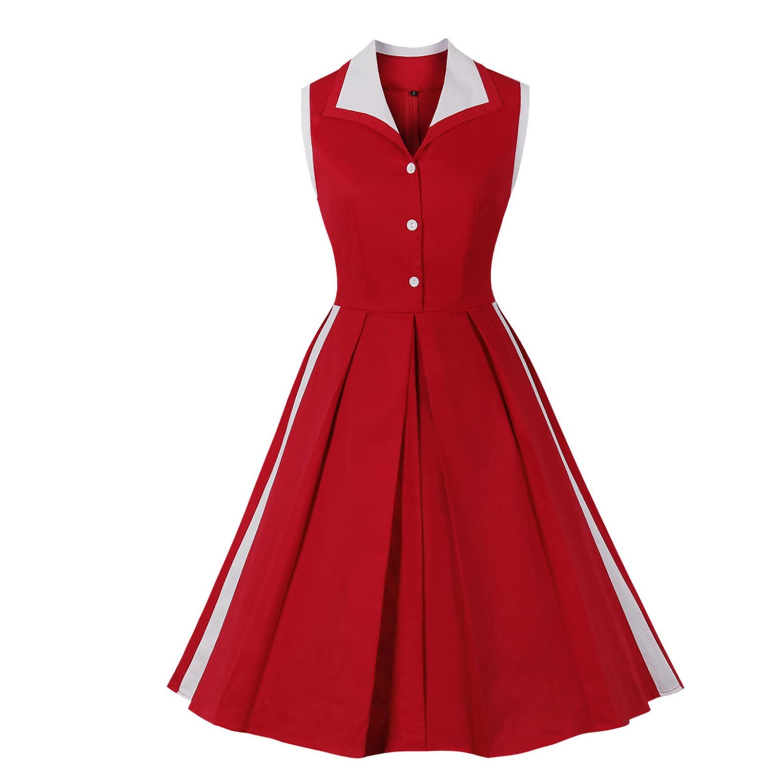 Vintage Rockabilly Women's Midi Tank Dress - Sleeveless Swing Cocktail Gown with Button Lapel & Splicing Design | Perfect for Tea Parties, Date Nights & Retro-Themed Events