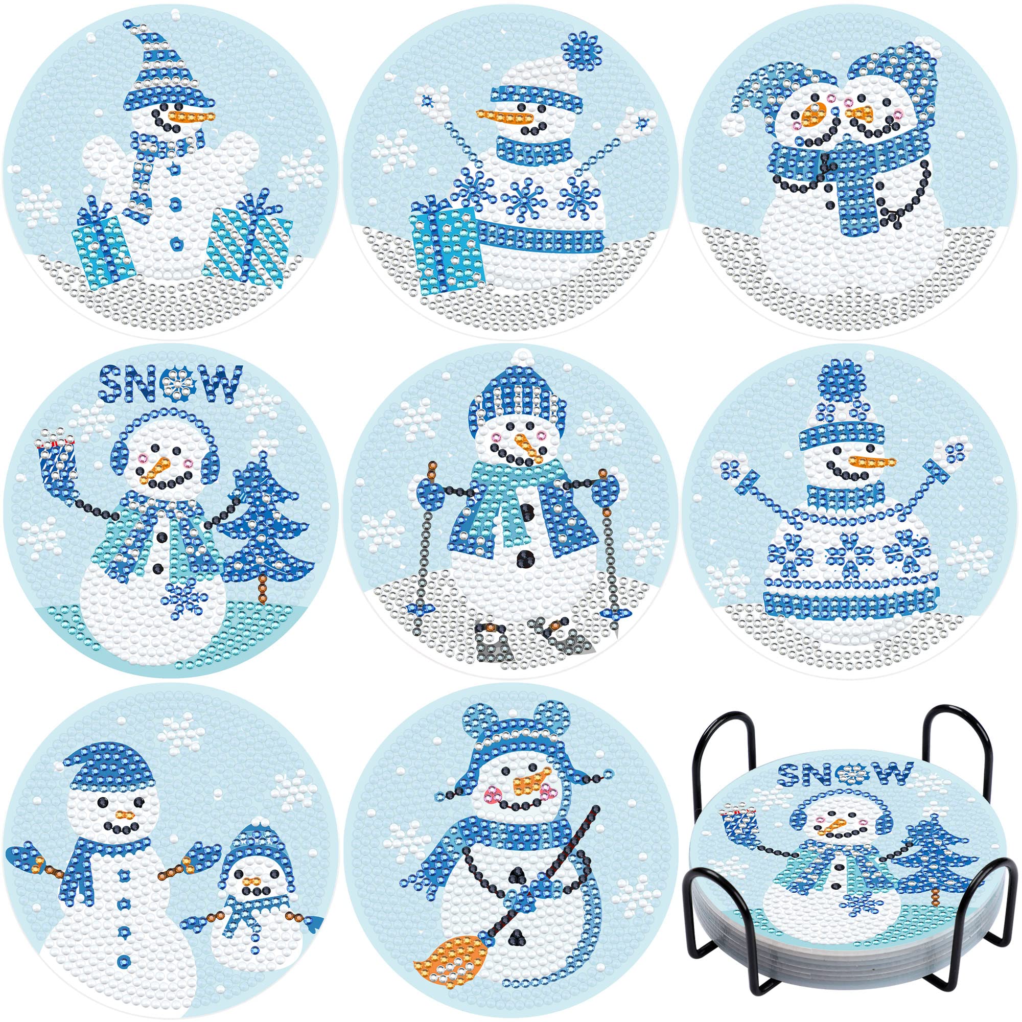 8 PCS Snowman Diamond Painting Coasters - 5D Diamond Art Winter Coasters with Cork Base & Holder - Christmas Party Decor, DIY Craft for Beginners & Adults - Perfect for Holiday Gifts, Home Decor & Table Setting
