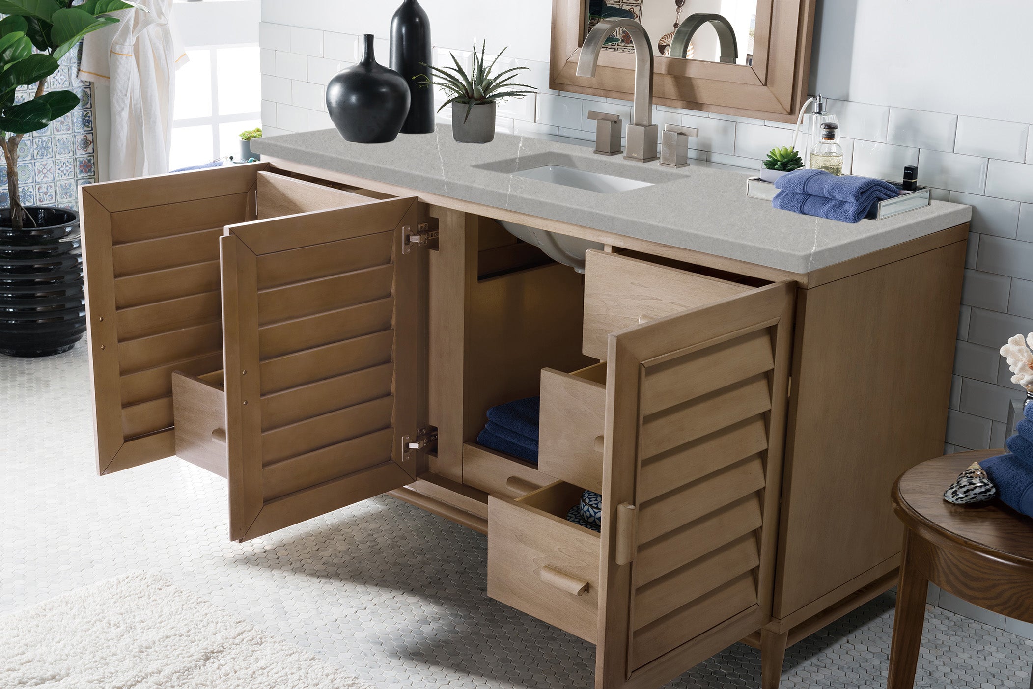 Portland 60 Inch Single Bathroom Vanity in Whitewashed Walnut with 3CM Eternal Serena Quartz Countertop - Perfect for Modern Master Bathrooms and Powder Rooms