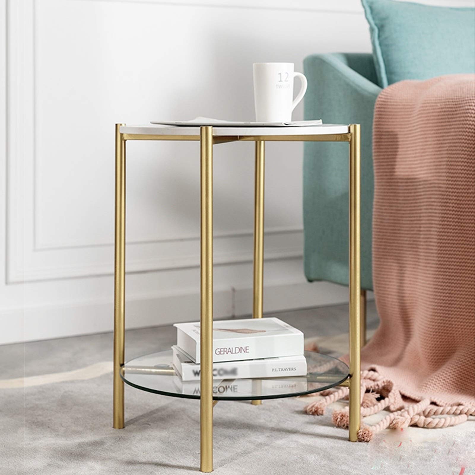 Juan Marble & Tempered Glass 2-Tier Round Side Table - Golden Wrought Iron Nightstand for Living Room & Bedroom (45x60cm) - Perfect for Coffee Table, Sofa End Table, and Bedside Storage