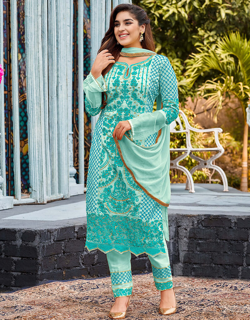 Elegant Blue Heavy Fox Georgette Pant Suit for Women - Formal Office Wear & Evening Party Outfit