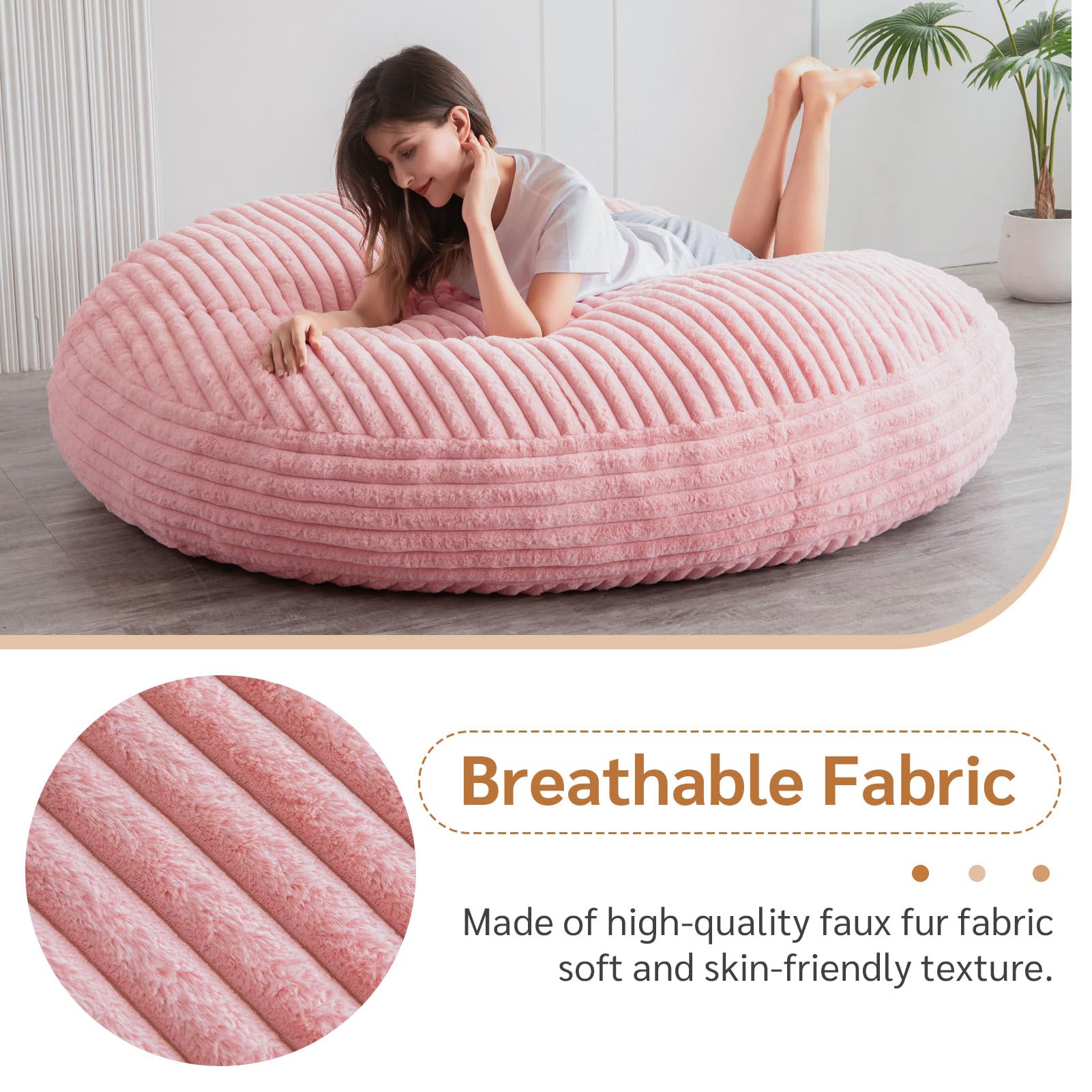 MAXYOYO Giant Round Bean Bag Chair for Adults - Soft Striped Faux Fur Oversized Lounger in Pink | Perfect for Living Room, Bedroom, Game Room & Dorm Relaxation