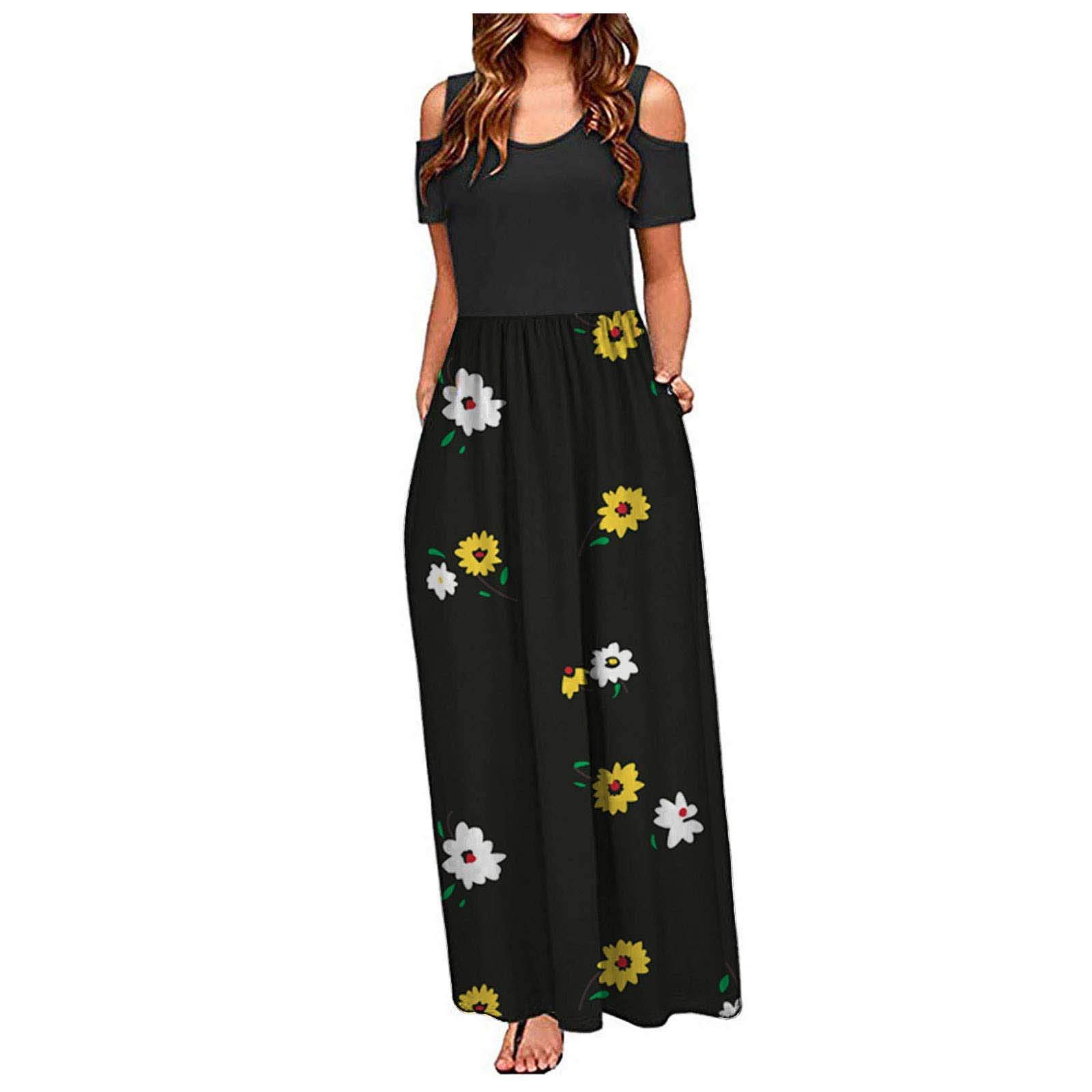 Women's Summer Floral Print Cold Shoulder Maxi Dress - Short Sleeve Empire Waist Casual Long Dress with Pockets | Perfect for Beach Vacations, Date Nights & Outdoor Parties