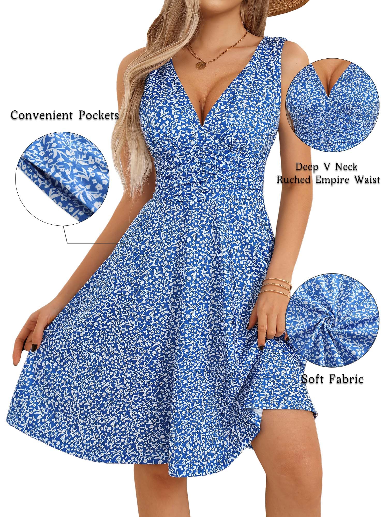 OURIN Women's Floral Sundress - Deep V Neck Sleeveless Summer Dress with Pockets, Flowy Beach Dress for Vacation, Party & Casual Wear 2025