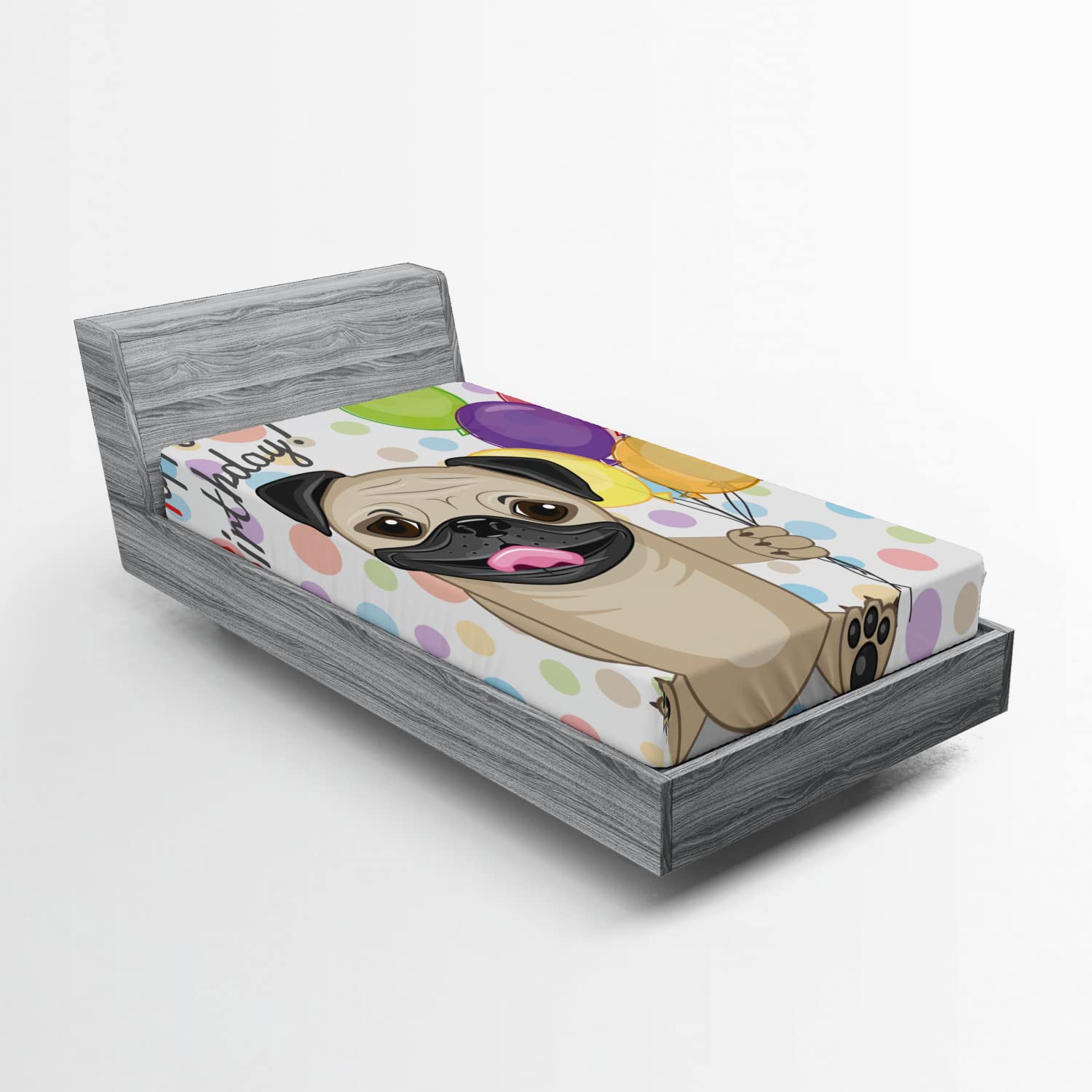 Ambesonne Birthday Fitted Sheet - Cute Smiling Pug Dog with Party Balloons Design, Deep Pocket Elastic Bed Cover for Twin Size (Multicolor) | Perfect for Pet Lovers' Birthday Gifts & Themed Bedroom Decor