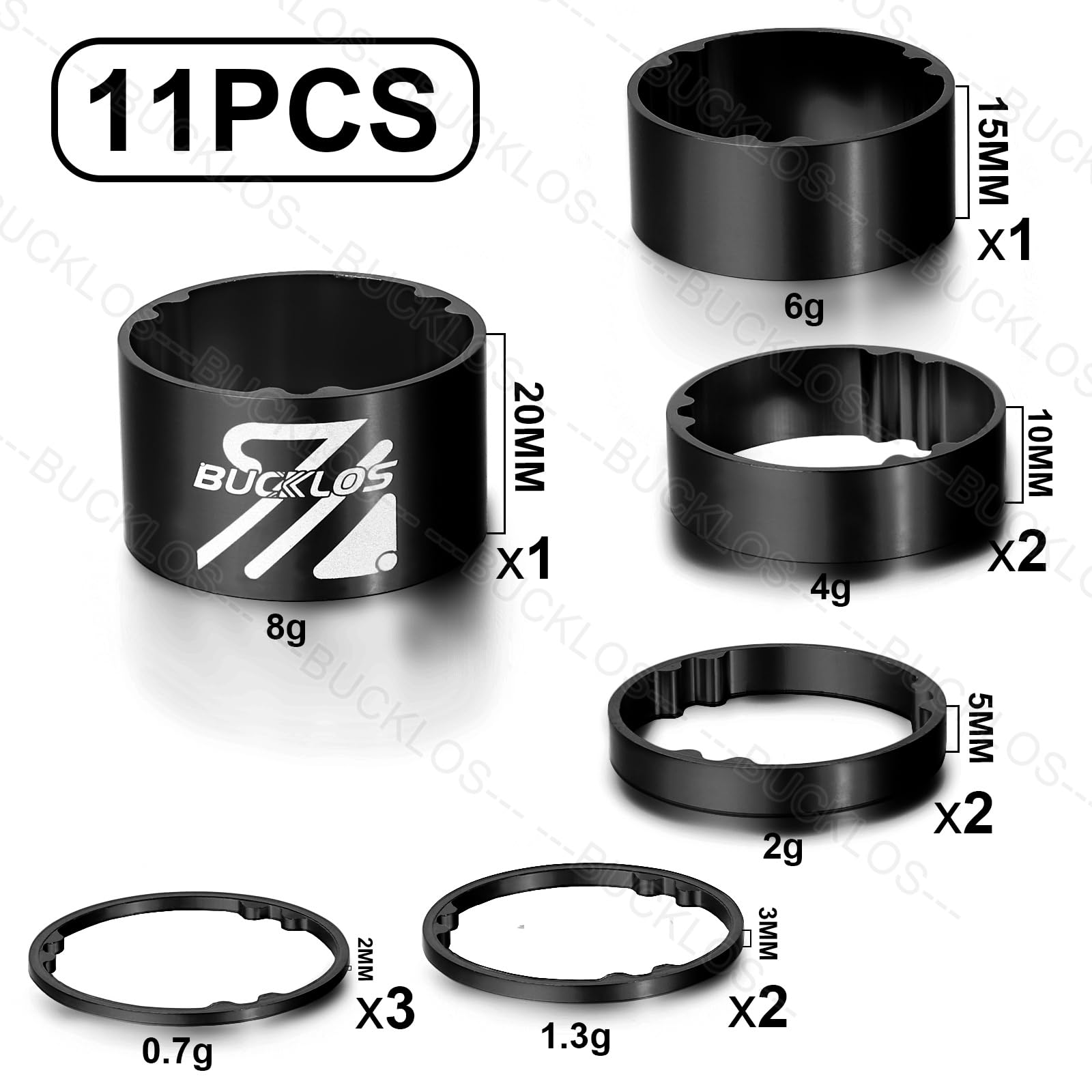 BUCKLOS 11PCS Aluminum Carbon Fiber Headset Spacer Kit for 1-1/8