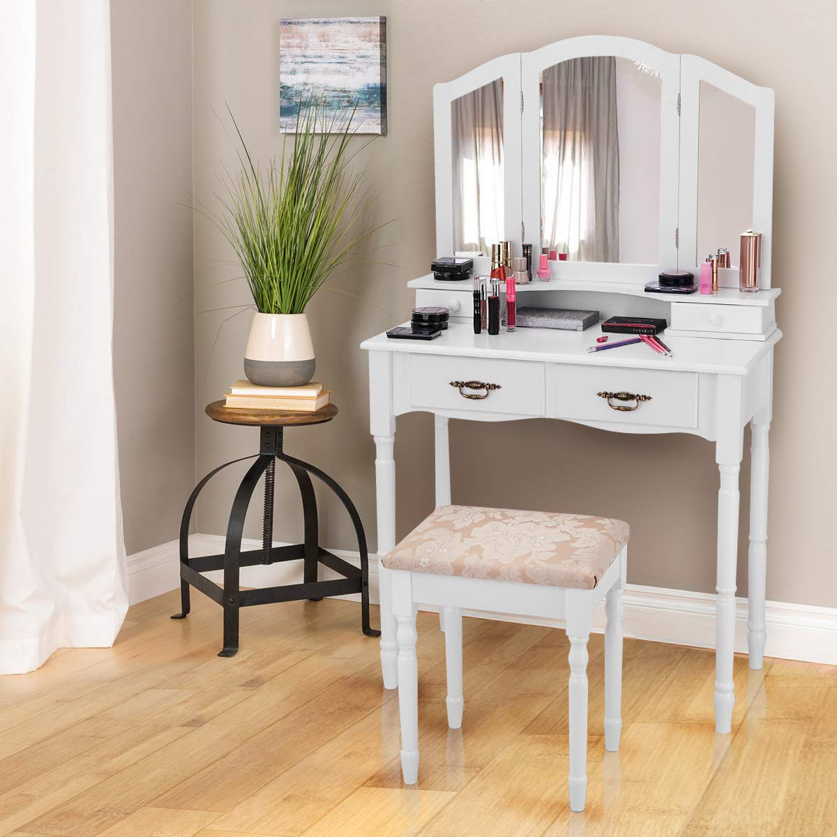 ReunionG Multifunctional Vanity Set with Stool & Trifold Mirror - White Makeup Dressing Table with Drawers, Writing Desk for Bedroom, Home Decor & Beauty Organization - Perfect for Small Spaces & Daily Makeup Routine