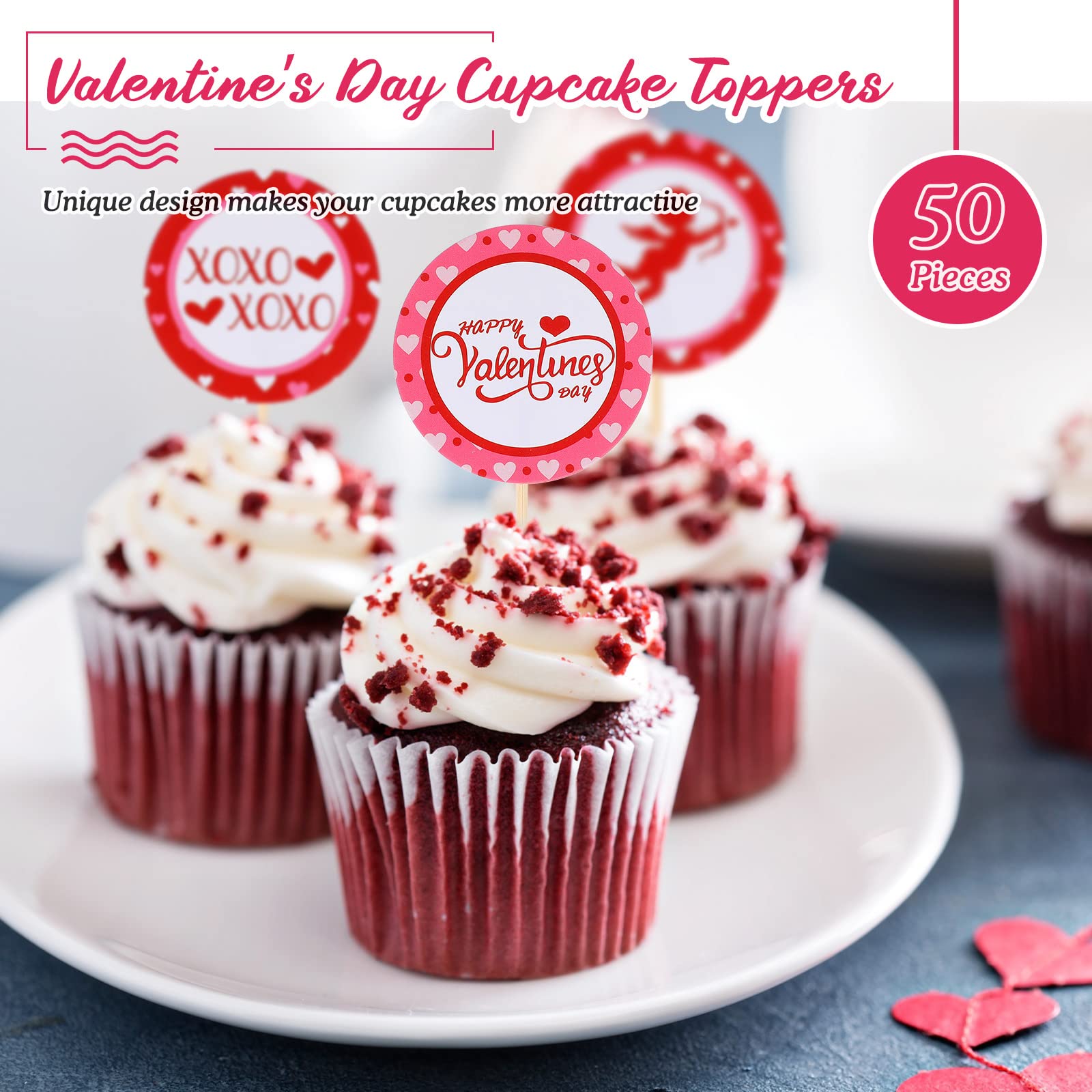 50 Packs Valentine's Day Cupcake Toppers - Sweet XOXO Love Heart Cupcake Picks, Red Glitter Paper Valentine's Decorations for Parties, Weddings & Romantic Celebrations