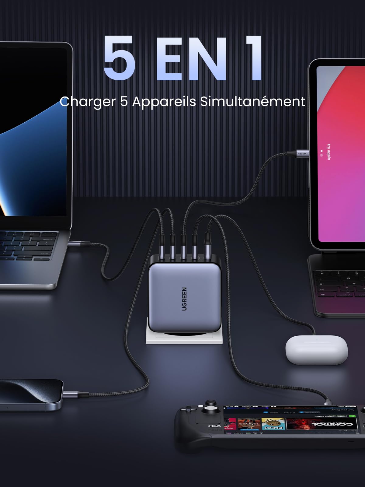 UGREEN Nexode 100W GaN Fast Charger with 5 Ports (3 USB-C + 2 USB-A) - Compact PD 3.0 Wall Charger for iPhone 16/15/14/13 Pro Max, Galaxy S24/S23, Pixel, iPad Pro, MacBook M4/M3/M2/M1 - Perfect for Home, Office & Travel Charging