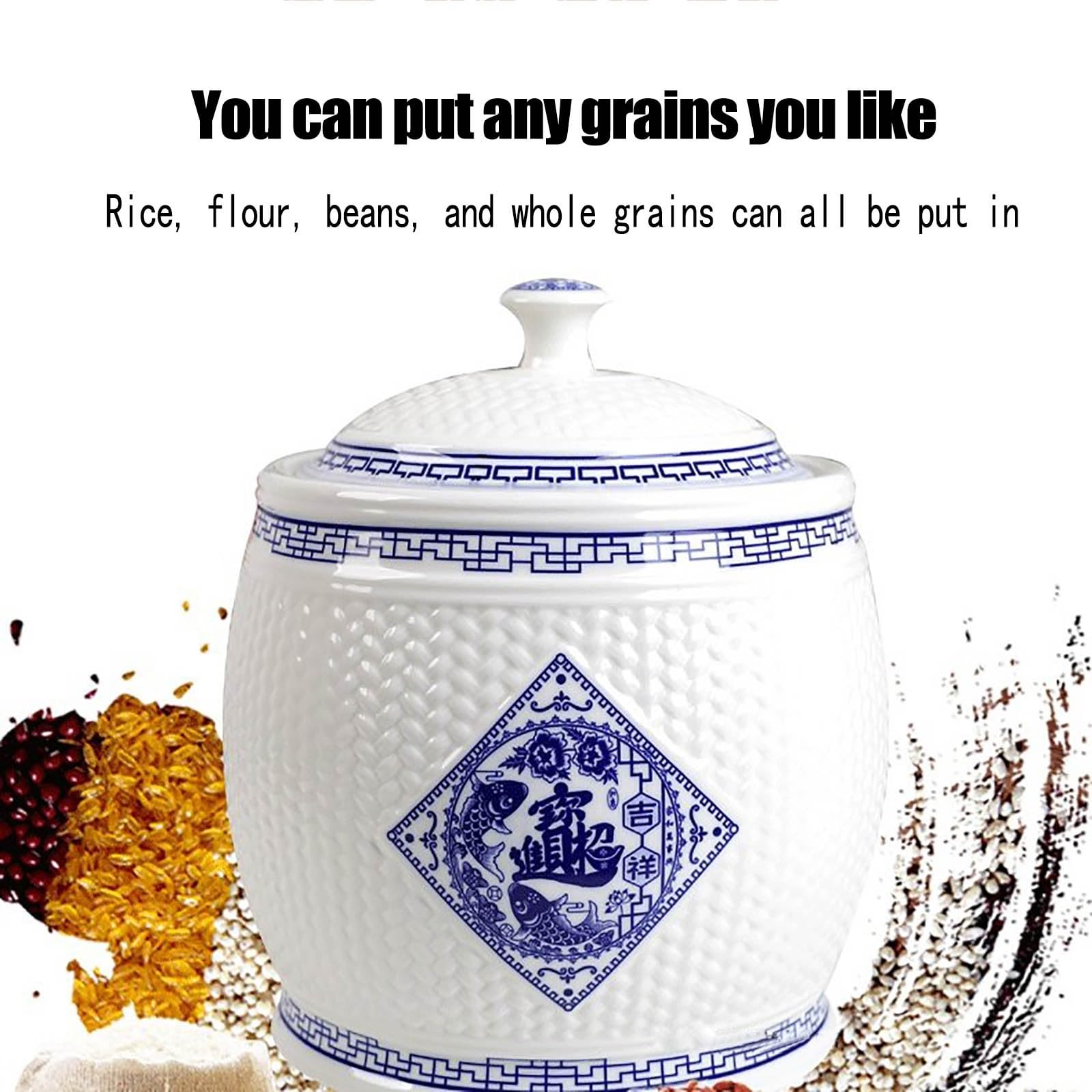 Premium Ceramic Rice Storage Container with Lid - Large Airtight Rice Dispenser for Kitchen, Pantry & Countertop - Perfect for Rice, Grains, Flour & Dry Food Storage (10L Capacity) - Ideal for Asian Cooking, Meal Prep & Organized Kitchen Storage