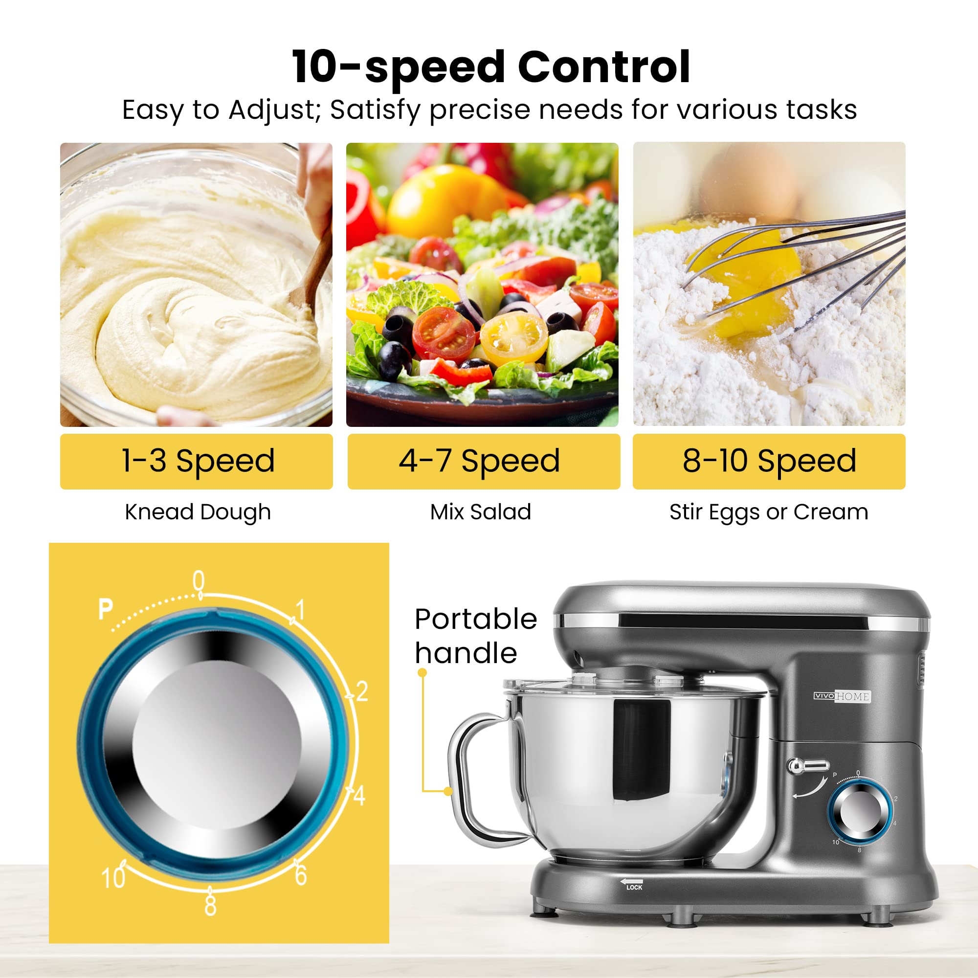 VIVOHOME 660W 10-Speed 6 Quart Tilt-Head Stand Mixer - Electric Kitchen Food Mixer with Beater, Dough Hook, Wire Whip & Egg Separator (Gray) - Perfect for Baking Cakes, Cookies, Bread & Whipping Cream
