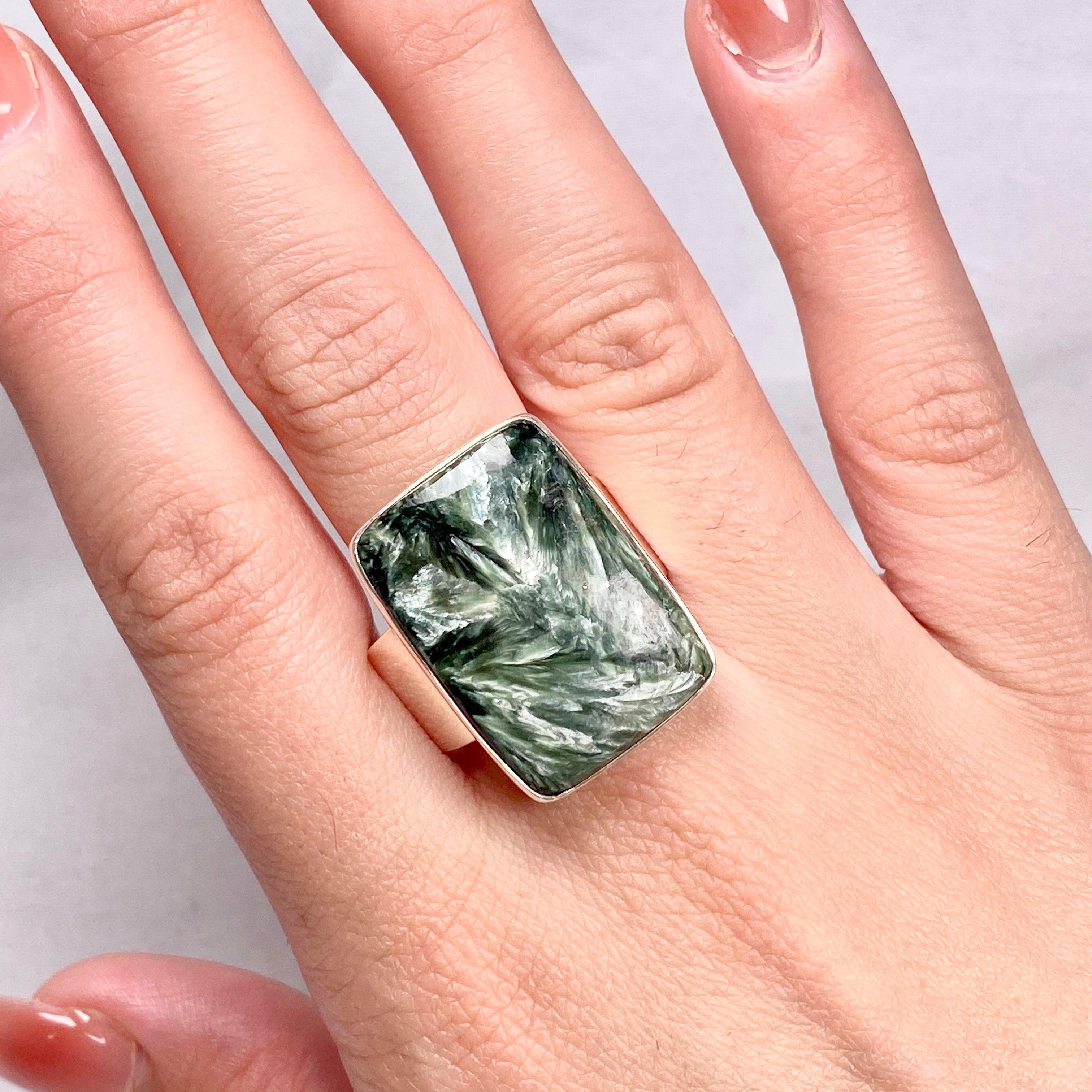Seraphinite Rectangular Ring Size 12 KRGJ2828 – Elegant Green Gemstone Jewelry for Women, Perfect for Weddings, Parties & Special Occasions