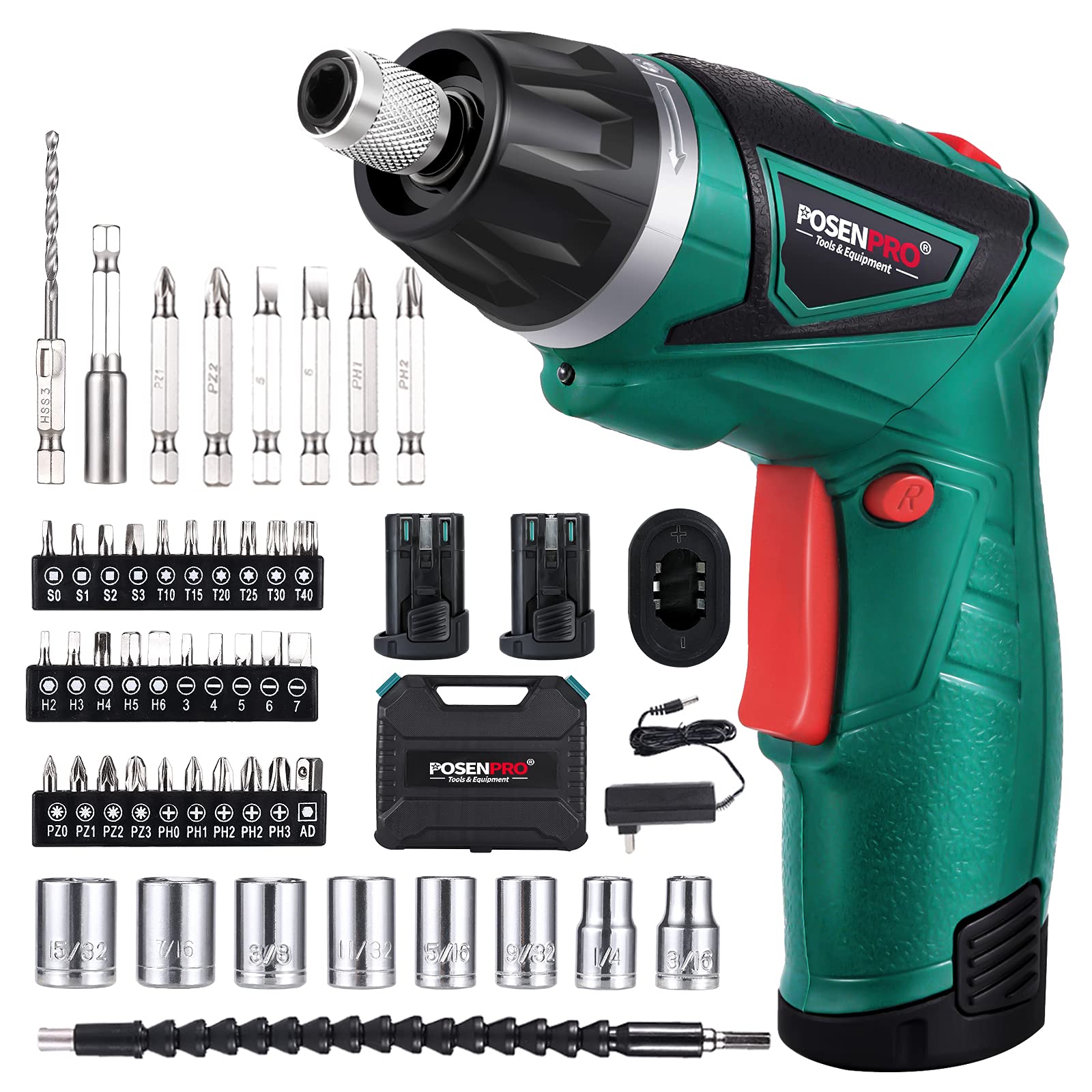 POSENPRO 7.2V Cordless Electric Screwdriver Kit with 2 Rechargeable Batteries & 48-Piece Accessories - 6+1 Torque Settings, Twistable Handle for Home DIY Projects, Furniture Assembly, Electronics Repair (BMC Packaging)
