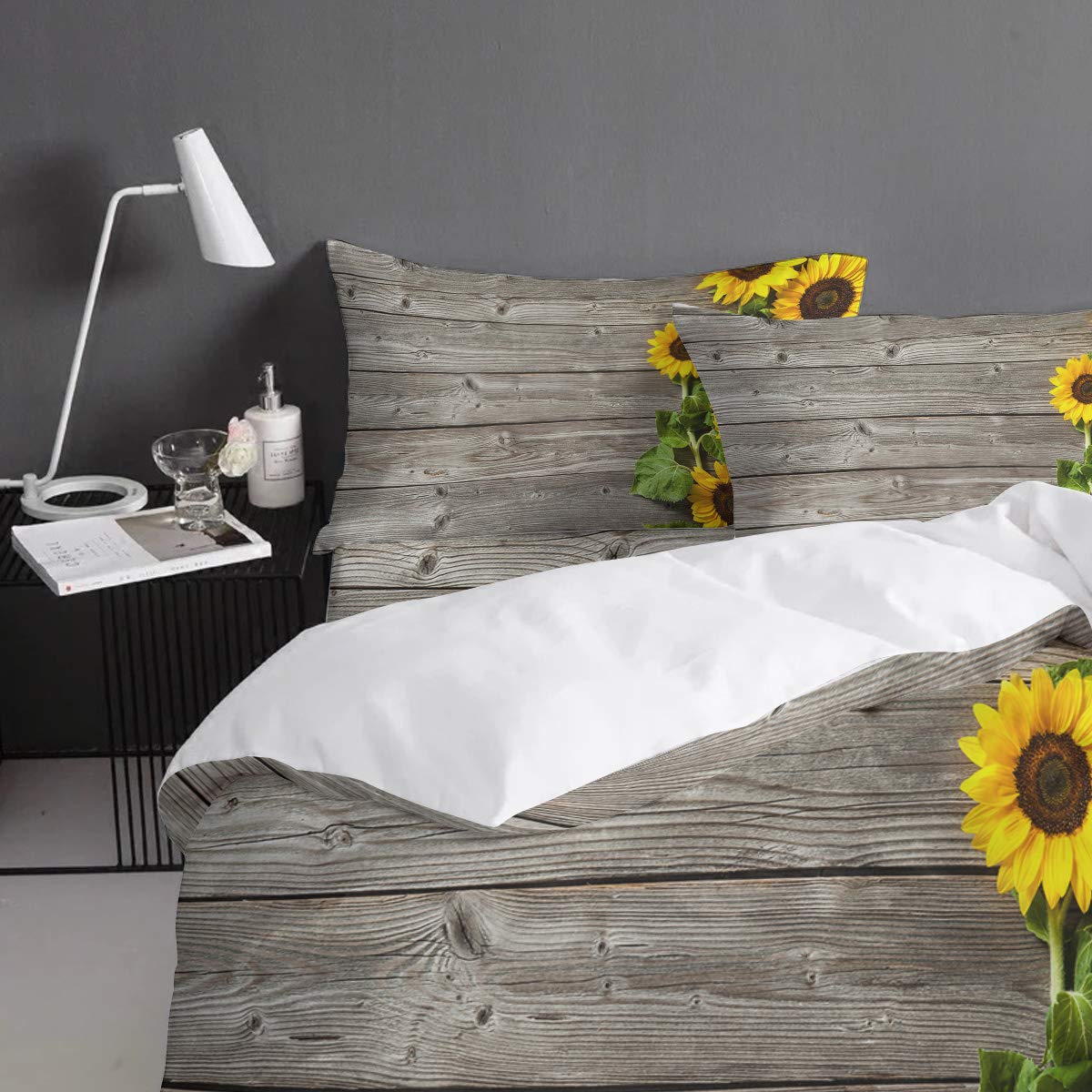 Libaoge Full Size Duvet Cover Set - 4 Piece Summer Bedding Collection with Sunflower & Wooden Board Design, Includes Flat Sheet & Pillowcases for Women, Men & Kids - Perfect for Modern Home Decor, Guest Rooms & Kids' Bedrooms