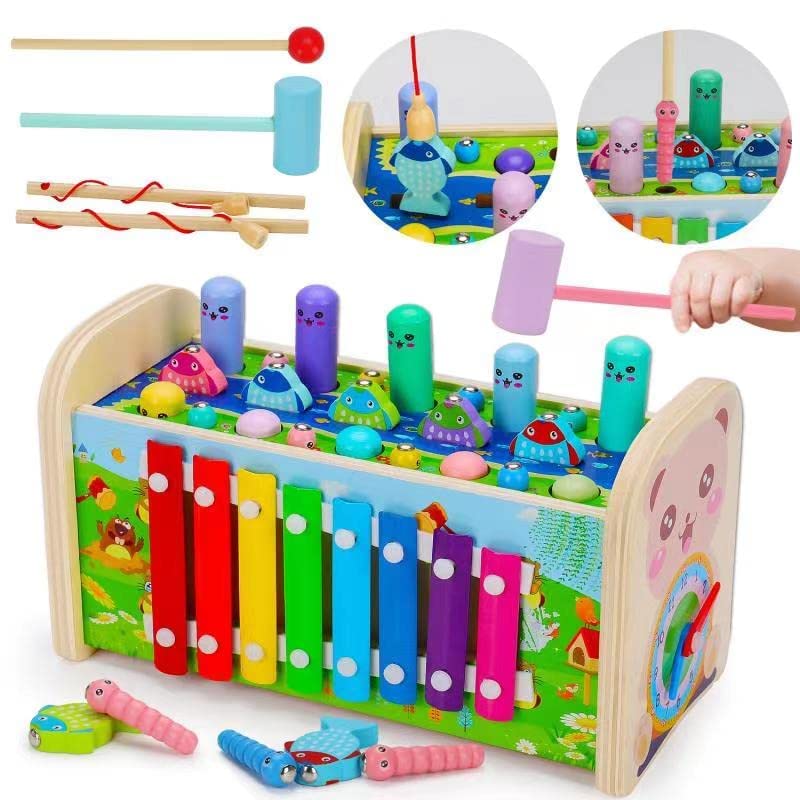 7 in 1 Montessori Wooden Toddler Toys for 1-3 Year Old Boys & Girls - Educational Hammering Pounding Toy with Whack-a-Mole, Fishing Game & Xylophone - Perfect Birthday Gift for 2+ Kids - Ideal for Early Learning, Sensory Play & Fine Motor Skills Development