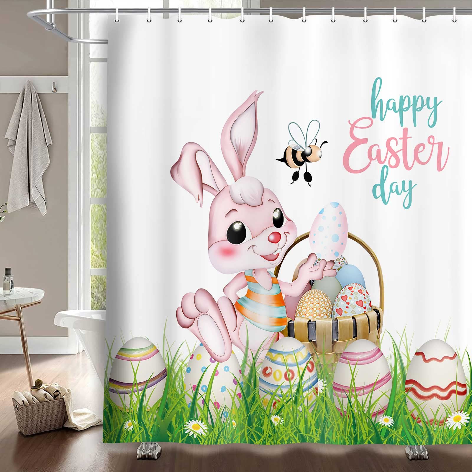 Easter Shower Curtain - Cute Bunny Rabbit with Spring Flowers & Easter Eggs Design, Waterproof Fabric Bathroom Decor Set with Hooks, 71x71 Inches - Perfect for Easter Home Decor, Spring Bathroom Makeover & Holiday Gift