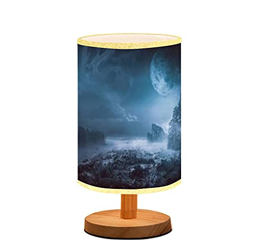 Minimalist Wooden Nightstand Lamp with Flaxen Fabric Shade - Space Colony Galaxy Design Bedside Table Light for Bedroom, Living Room & Nursing - Perfect for Reading, Breastfeeding & Creating Cozy Ambiance