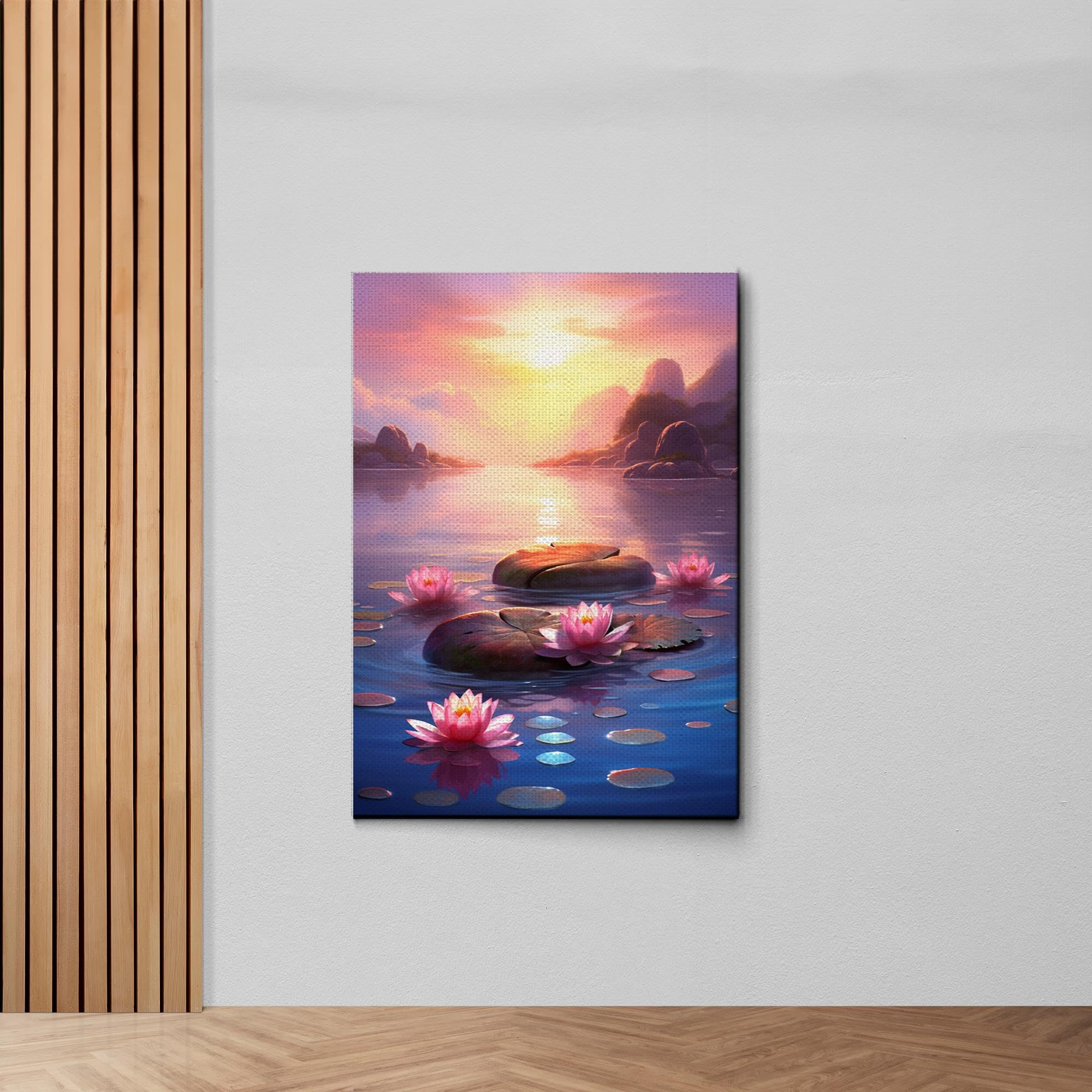Zen Wall Art Canvas Print - Framed Zen Garden with Stone Flower & Peaceful Water Sunset Meditation Decor for Yoga Room, Living Room, and Office | Serene Scenery Home Decor