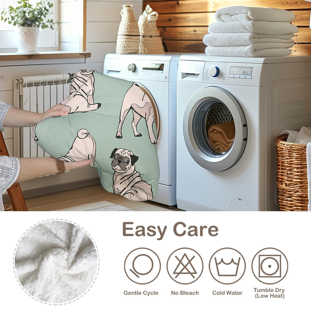 Soft Pug Fleece Throw Blanket for Kids & Adults - Cute Dog Sherpa Blanket, Green (50