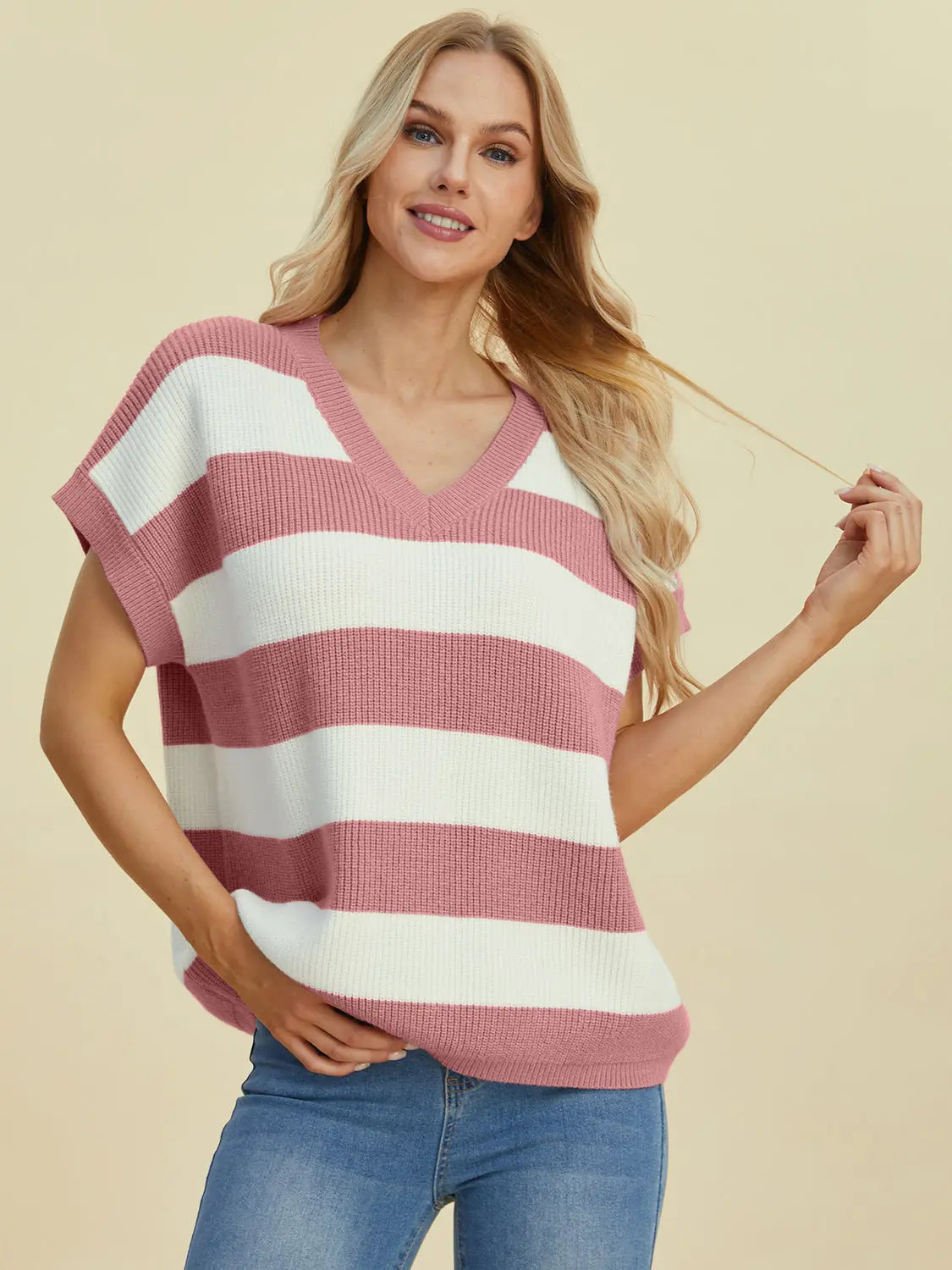 Double Take Full Size Striped V Neck Short Sleeve Sweater for Women - Soft Knit Pullover Casual Top for Spring & Summer Outfits | Office Wear, Date Night, Weekend Brunch