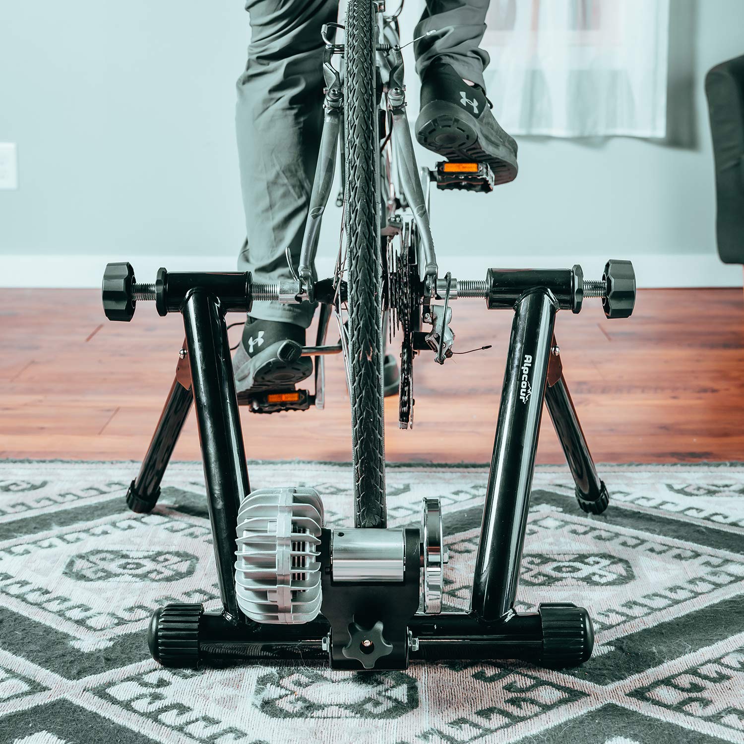 Alpcour Indoor Bike Trainer Stand - Portable Foldable Stainless Steel Exercise Bike Stand with Noise Reduction & Progressive Resistance - Dual-Lock System for Road & Mountain Bikes - Perfect for Home Workouts & Winter Cycling Training