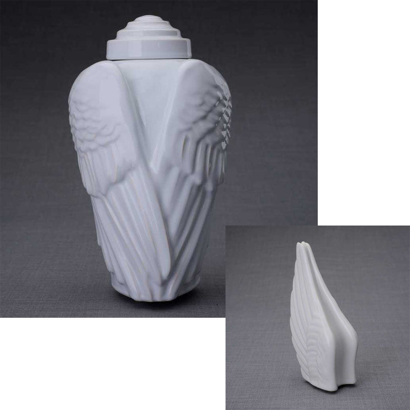 White Ceramic Angel Wings Sculpture Cremation Urn - Perfect for Memorials, Funeral Services & Home Remembrance Displays