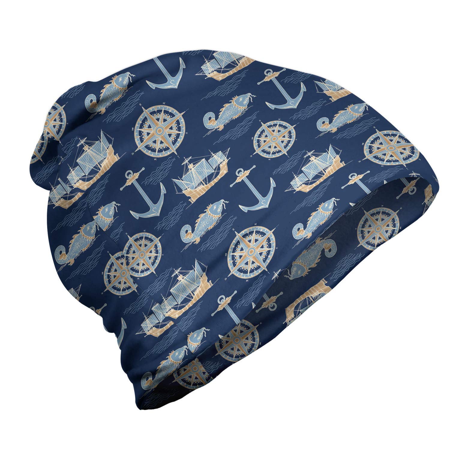 Ambesonne Unisex Beanie - Nautical Wind Rose Anchor Design - Warm Winter Knit Hat for Men & Women - Perfect for Hiking, Camping, and Outdoor Adventures