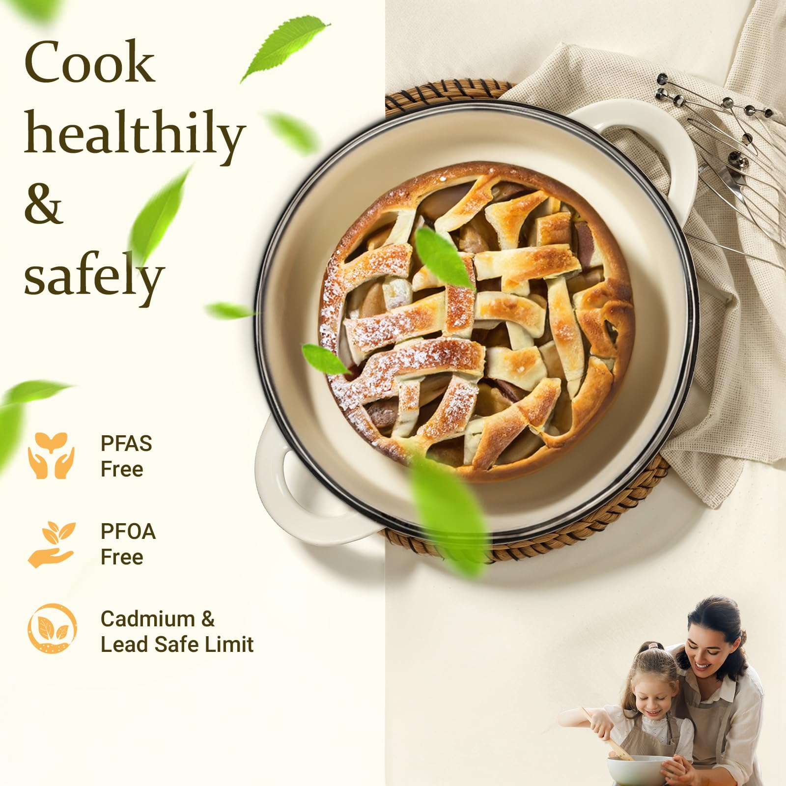 Overmont Enameled Cast Iron Dutch Oven with Lid - 6.5QT Heavy Duty Enameled Cookware Pot for Braising, Stewing, Roasting & Baking - Includes Free Cookbook & Heat-Resistant Cotton Caps - Perfect for Soups, Stews, Bread Baking & Camping Cooking