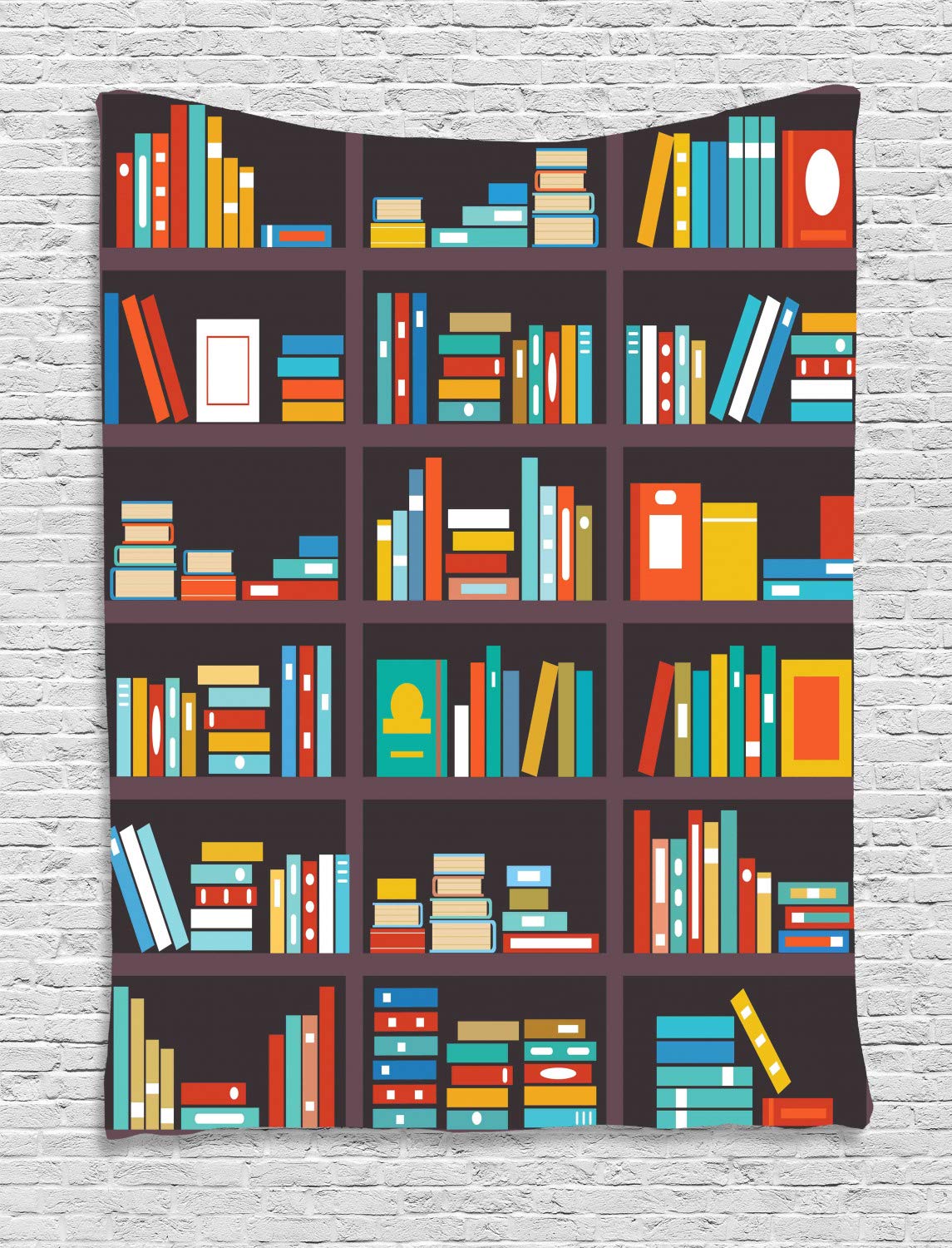 Ambesonne Bookshelf Tapestry - Library Themed Cartoon Wall Art with Shelves Full of Books - 40