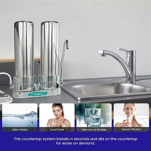 Premium Nitrate Removal Countertop Water Filter System - Stainless Steel Housing with Dual Cartridges | Crystal Quest | Perfect for Home, Office & RV Use