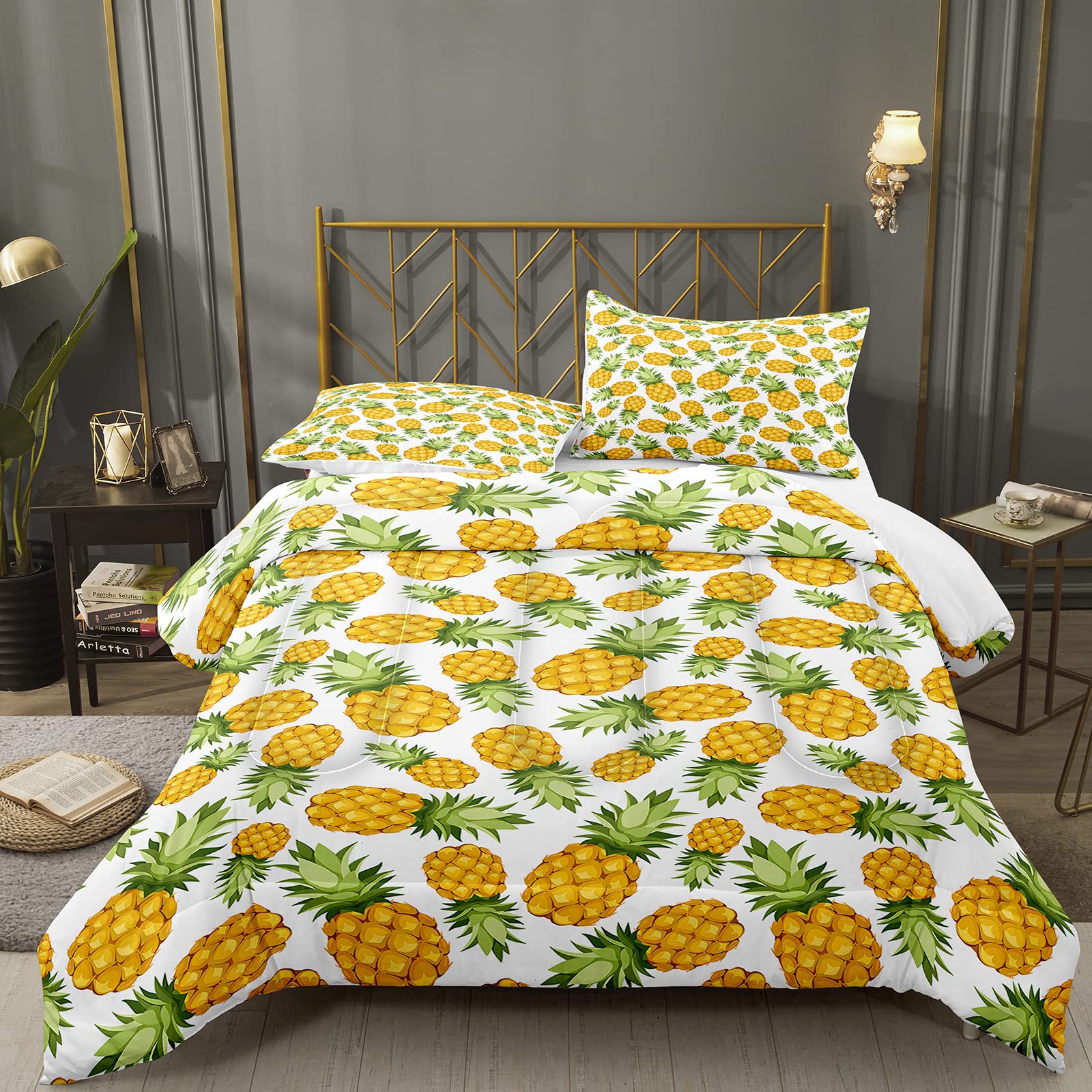 Bodhi Yellow Pineapple Comforter Set Queen Size - Soft Microfiber Tropical Fruit Bedding with 1 Comforter & 2 Pillow Shams (#4004) | Perfect for Beach House, Summer Bedroom Decor & Tropical Theme Guest Room