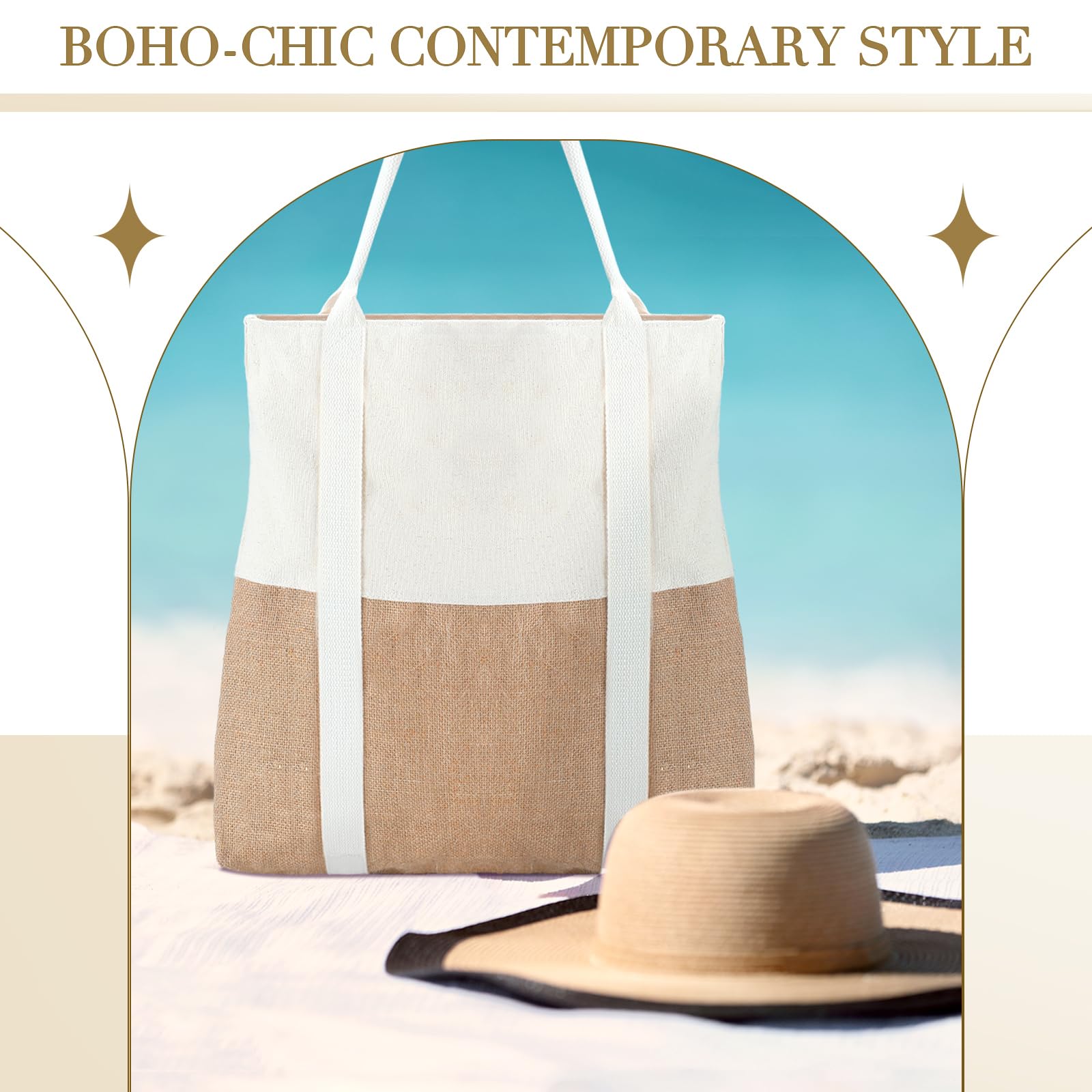 2 Pack Large Beach Tote Bags for Women - Waterproof Travel Tote with Sun Hat Holder Strap, Boho Summer Beach Bag for Pool, Vacation, Shopping & Outdoor Activities
