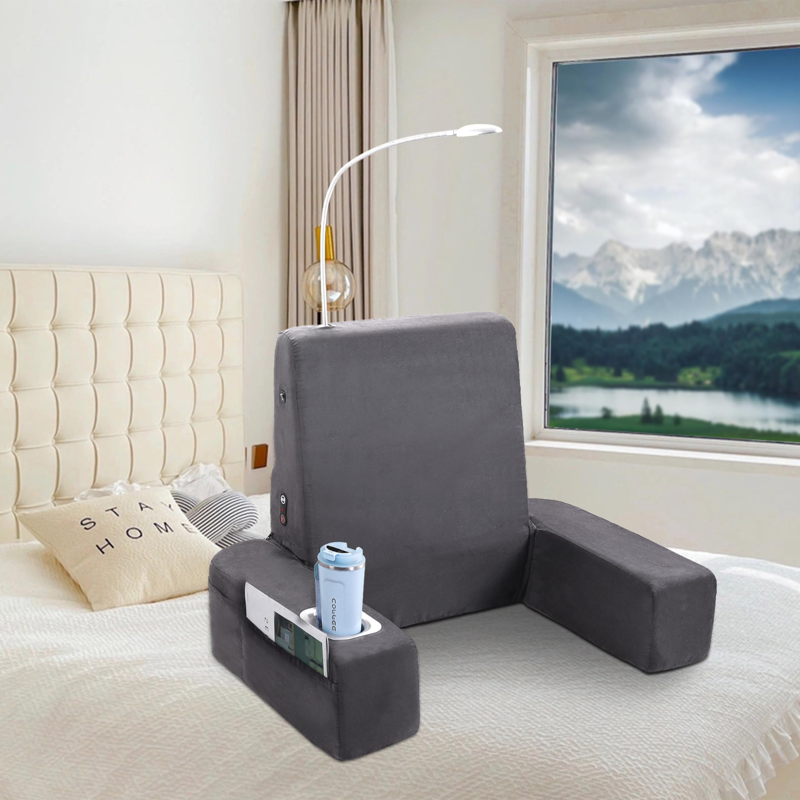 Carepeutic Bed Lounger with Heated Massage - Adjustable Backrest & Comfortable Support - Perfect for Reading, Watching TV or Relaxing at Home - Gray (1 Count)
