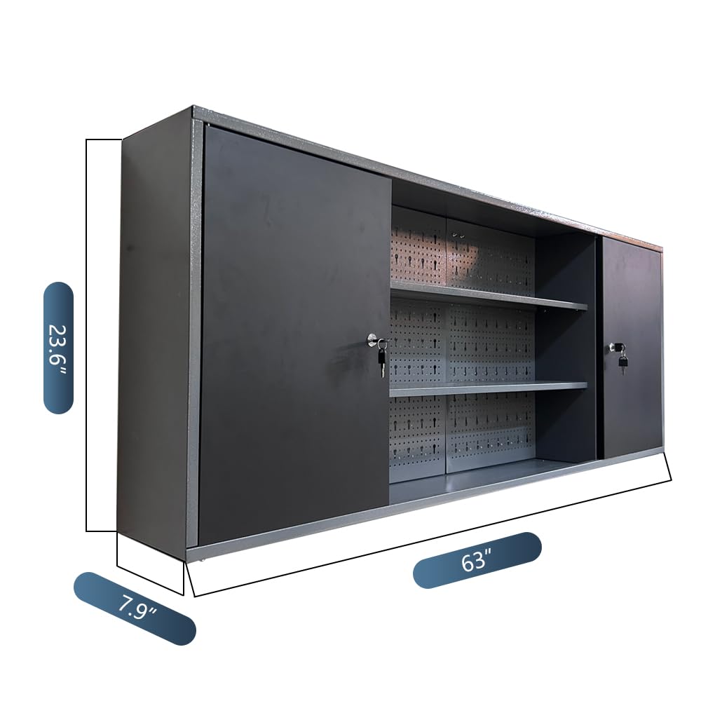 JZD Heavy Duty Metal Wall Mount Tool Storage Cabinet - Lockable Garage Organizer with Black & Grey Finish - Perfect for Garage, Workshop & Home Tool Organization