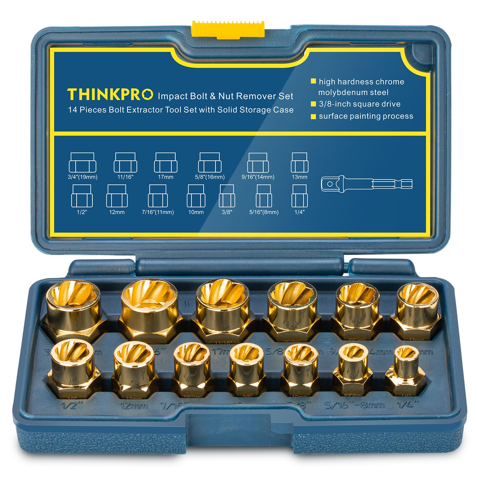 14PC Golden Bolt Extractor Kit - Stripped Nut & Screw Remover for Rusted Bolts - Auto & DIY Repair