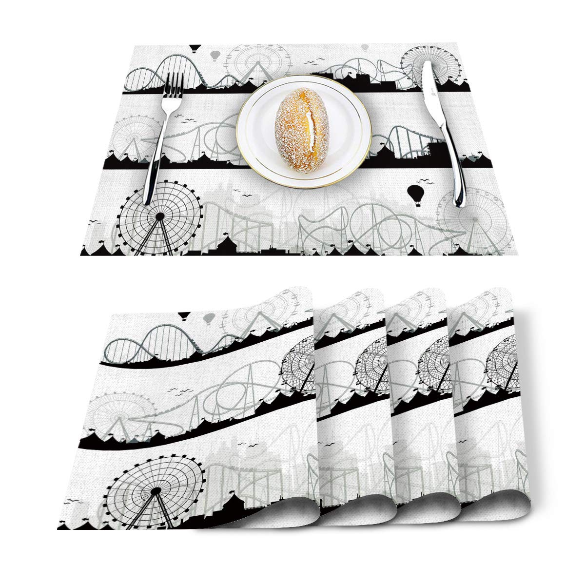 4-Pack White and Black Cotton Linen Placemats - Heat Resistant, Non-Slip & Washable Table Mats for Dining, Kitchen Decor - Retro Ferris Wheel & Hot Air Balloon Design - Perfect for Holiday Banquets, Dinner Parties, and Everyday Family Meals