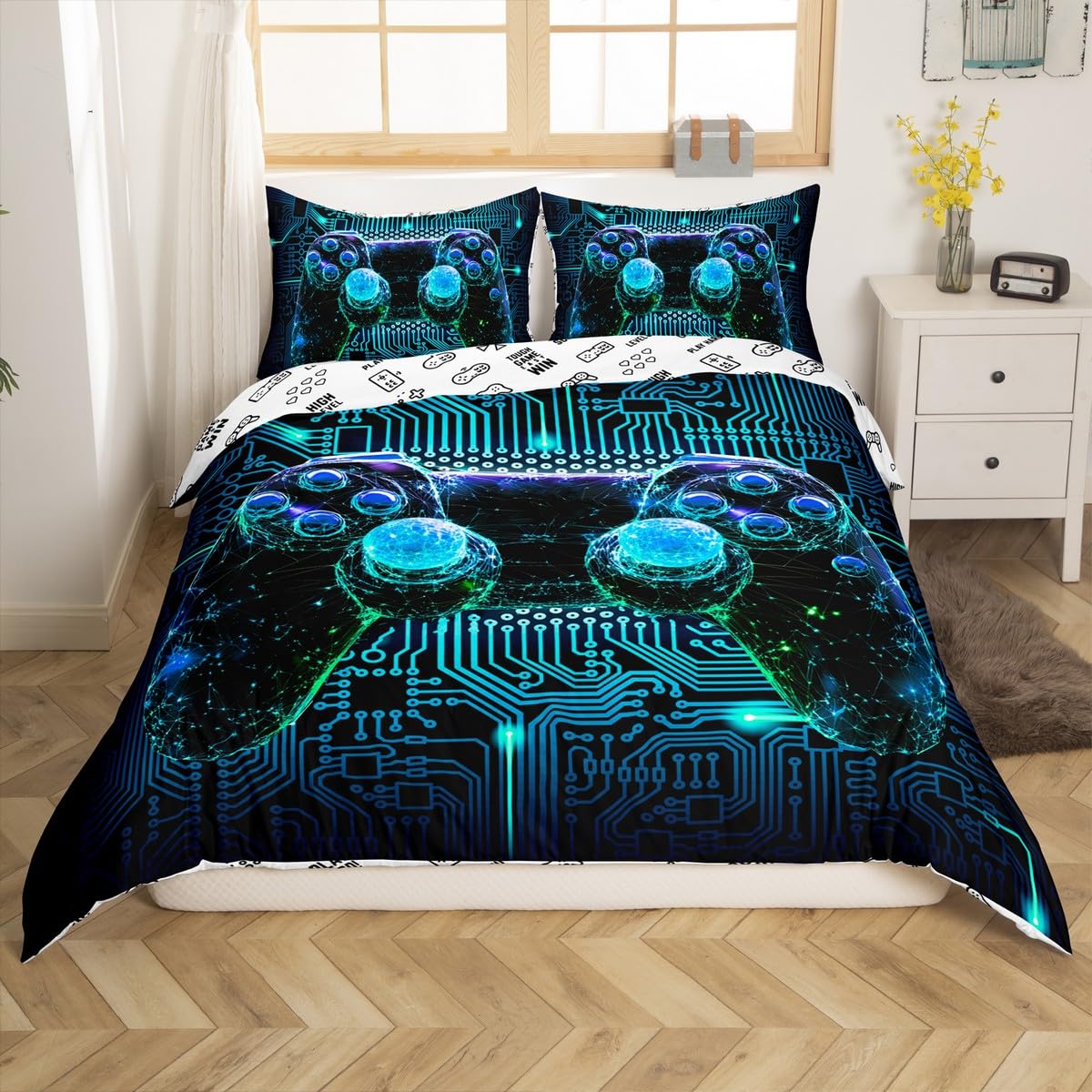 Blue Video Game Controller Twin Size Duvet Cover Set - Lightweight Soft Gaming Bedding for Kids & Boys - Gamepad Console Pattern Comforter Cover with Pillowcase - Perfect for Gamer Bedroom Decor & Teen Game Room Theme