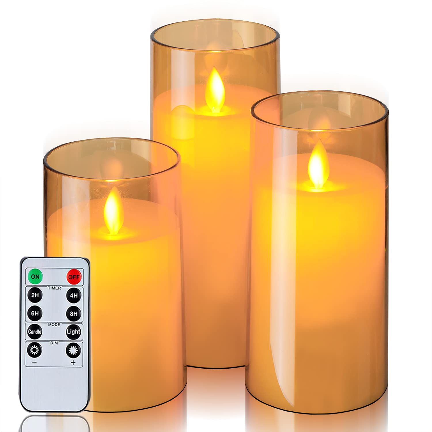 Homemory Gold Flickering Flameless LED Candles - Set of 3 Battery Operated Acrylic Pillar Candles with Remote Control & Timer | Perfect for Home Decor, Wedding Centerpieces, Romantic Dinners & Holiday Ambiance