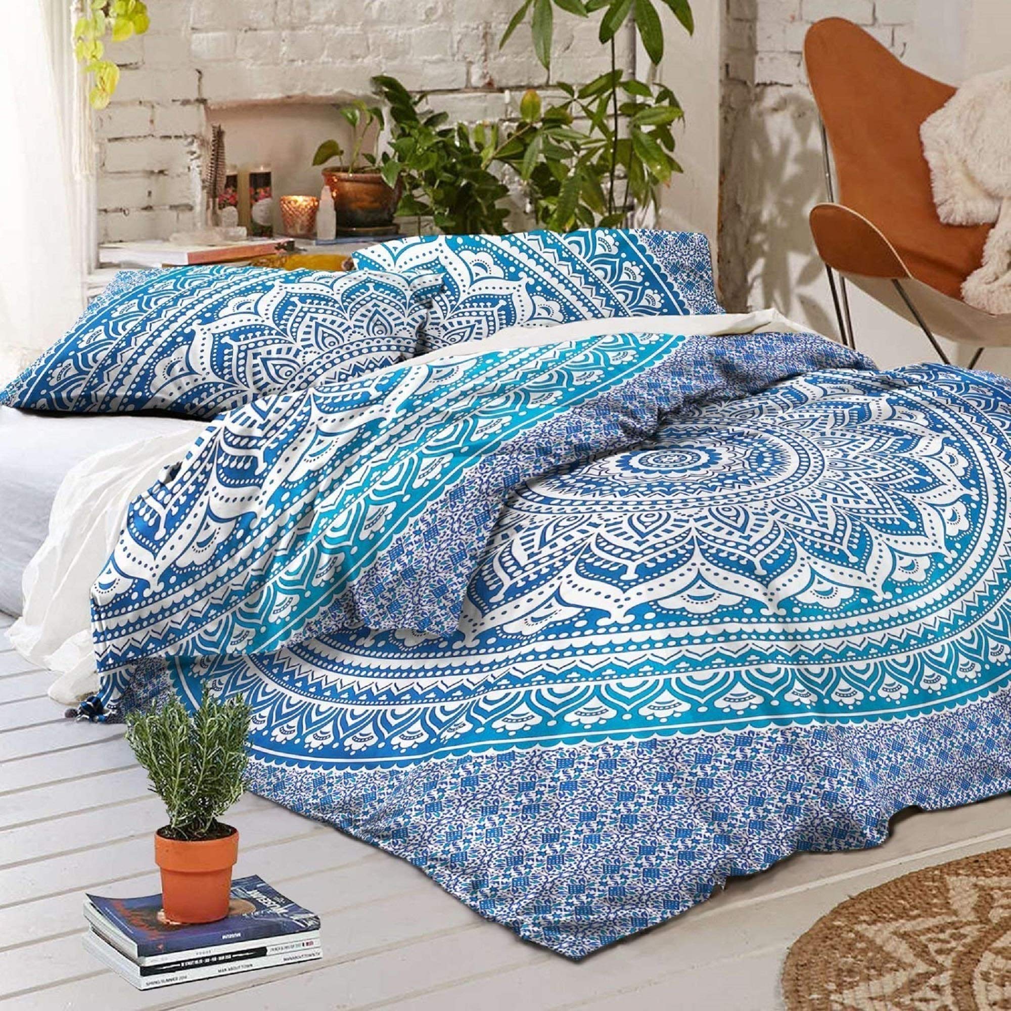 Rubellite Indian Elephant Mandala Duvet Cover Set - Queen Size Bohemian Cotton Bedding with 2 Pillow Shams, Hippie Style Comforter & Throw Blanket for Bedroom Decor | Perfect for Boho Chic, Meditation Rooms & Festival Camping