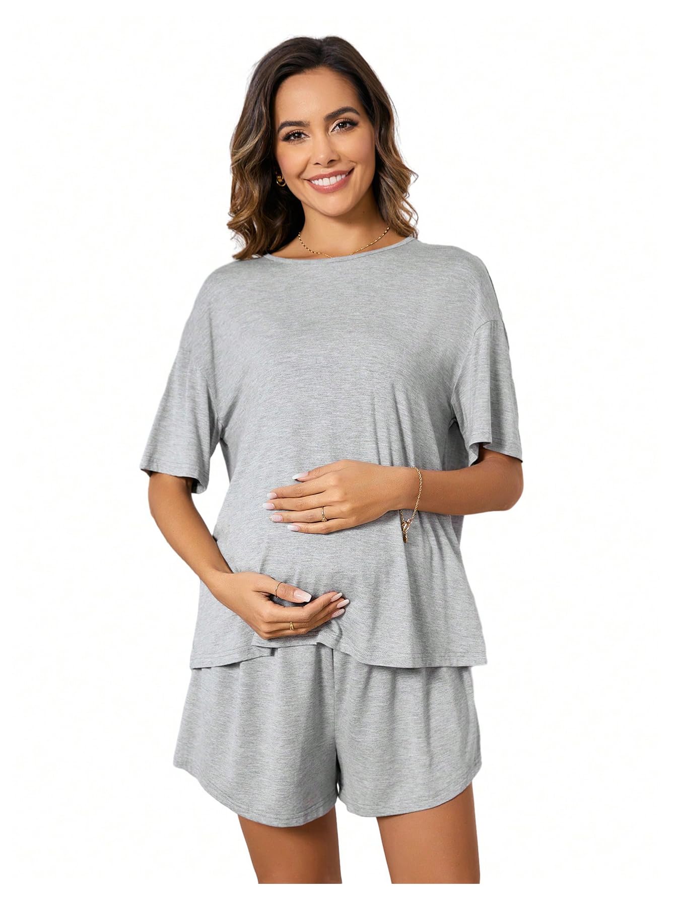 Verdusa Women's Maternity Pajama Set - 2 Piece Nursing Sleepwear with Drop Shoulder Top & Shorts | Soft Lounge Wear for Pregnancy & Breastfeeding Comfort