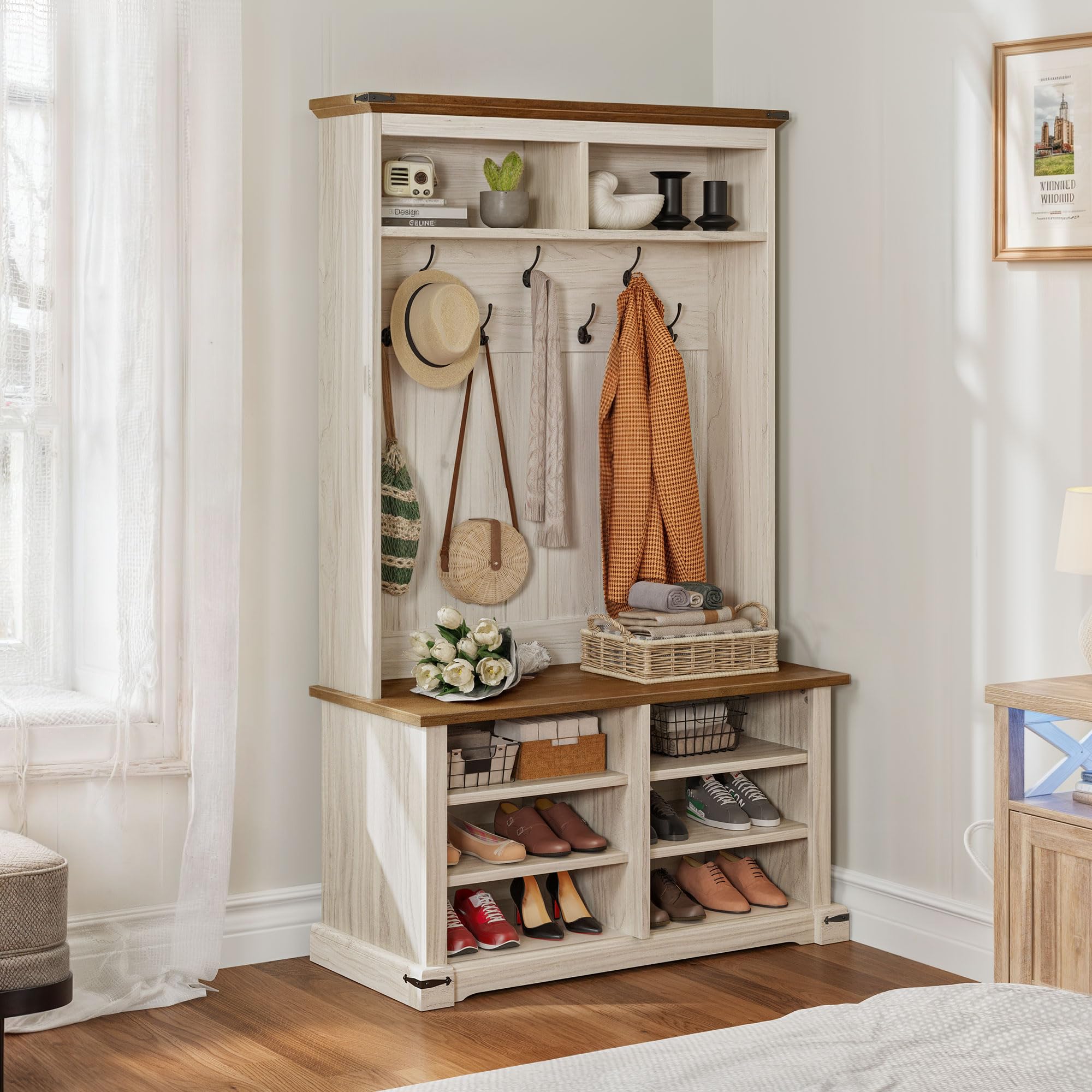 YITAHOME Farmhouse Entryway Hall Tree with Bench, Coat Rack & Shoe Storage - 7 Hooks, 6 Shoe Compartments & Adjustable Shelf - Perfect for Mudroom, Foyer or Front Porch Organization
