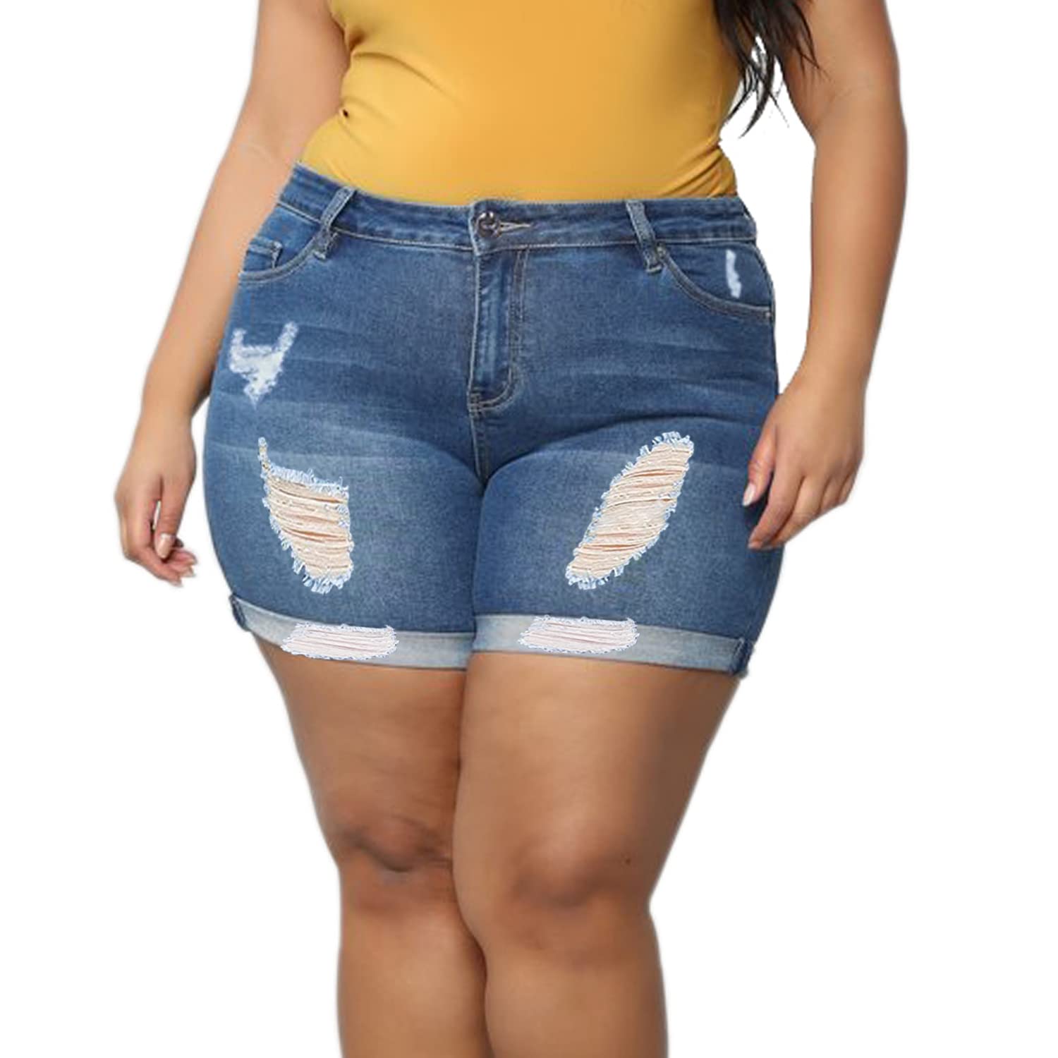 Plus Size Women's Ripped Denim Shorts - High Waisted Stretchy Jean Shorts with Folded Hem | Comfortable Summer Casual Wear for Outfits, Beach & Street Style