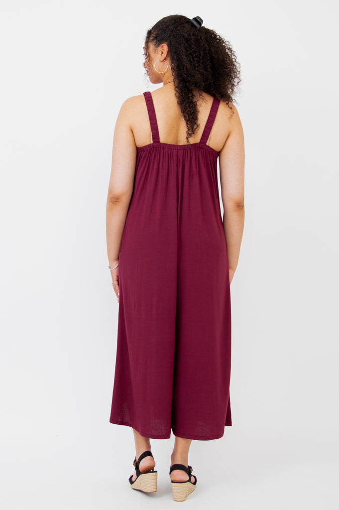Joanna Jumpsuit - Women's Burgundy Linen Bamboo Romper | Comfortable & Stylish for Summer Outings, Beach Vacations & Casual Wear