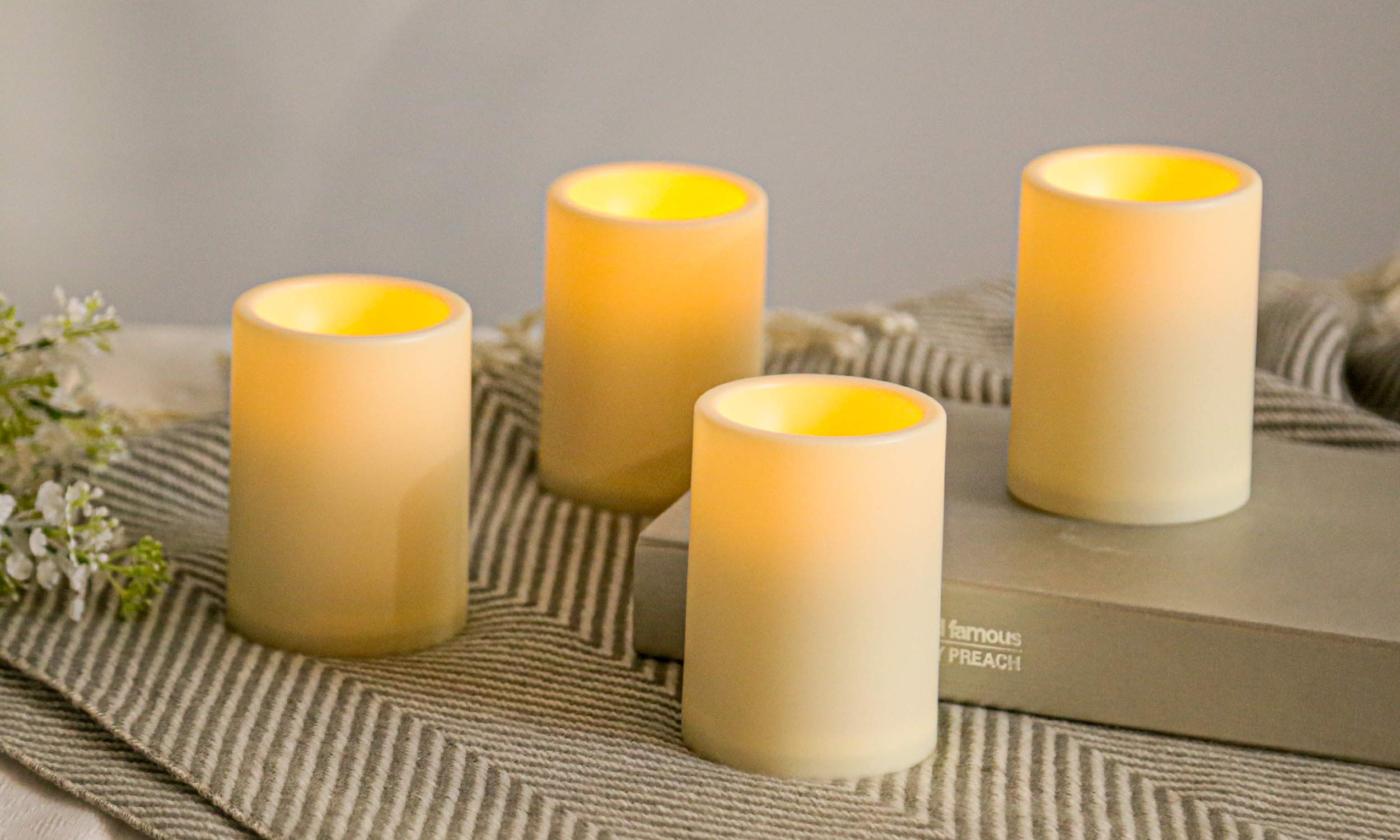 4 Pack Battery Operated Flameless LED Flickering Candles with Remote & Timer - 3x4 Inch Ivory Plastic Pillar Candles for Home Decor, Wedding, Party, Christmas Indoor & Outdoor Lighting