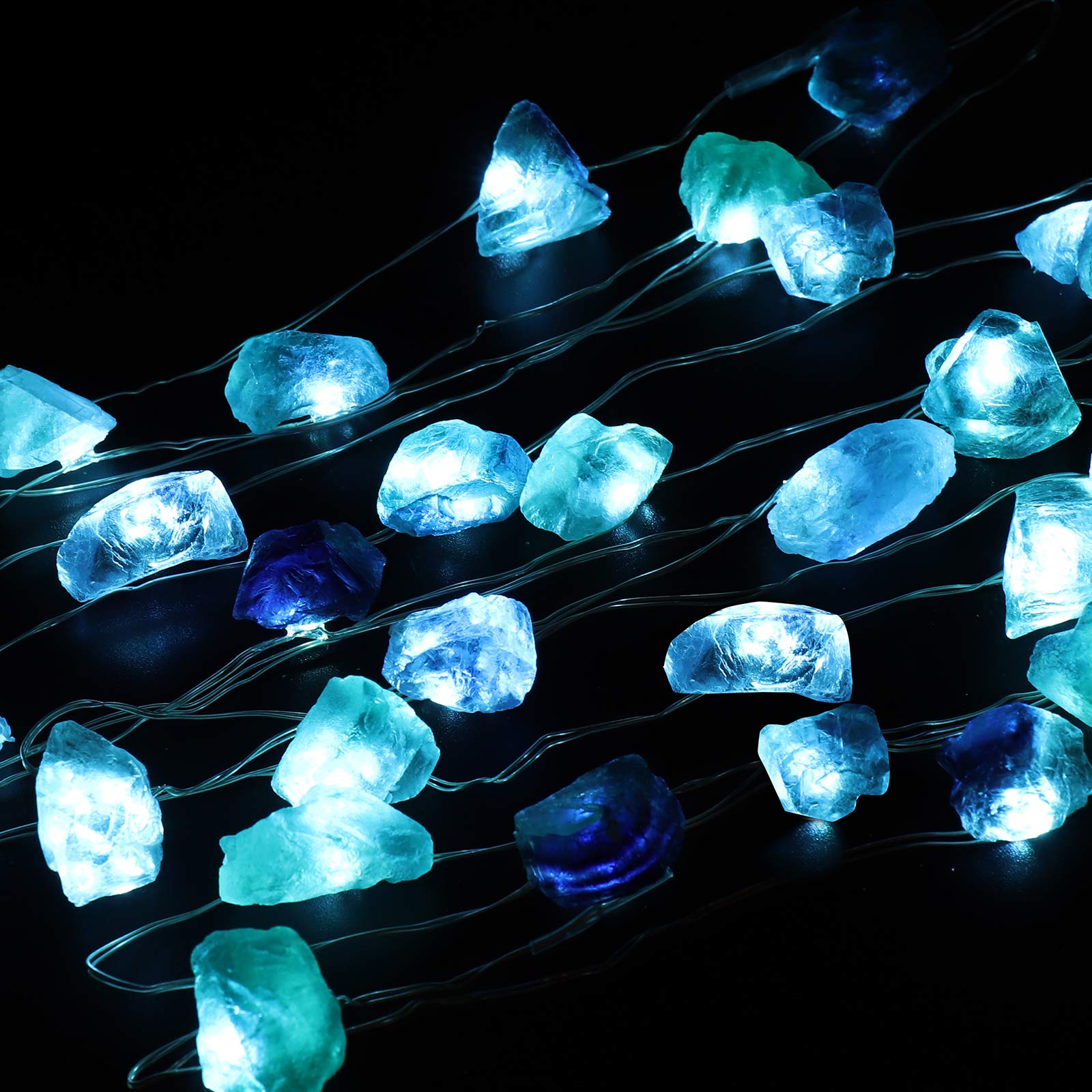 EhomeTronics 30 LED Decorative String Lights - 10ft Battery Powered Waterproof Fairy Lights with Remote, Natural Fluorite Sea Glass & Raw Stones for Indoor Outdoor Bedroom Christmas Party Wedding Garden Patio Decor (Blue-Green)