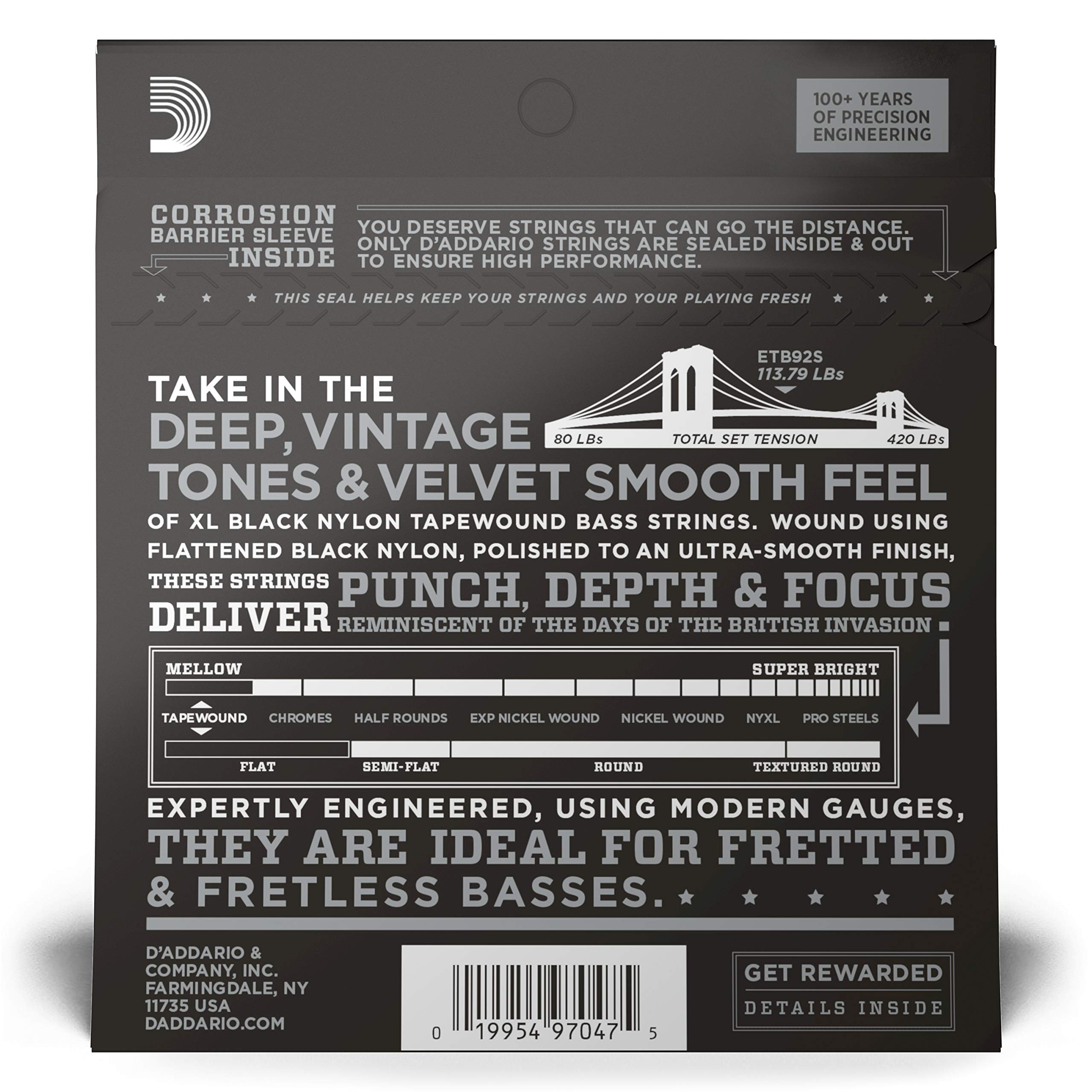 D'Addario ETB92S Tapewound Black Nylon Bass Guitar Strings - Short Scale, Medium Gauge 50-105, 4-String Set (Pack of 1) - Perfect for Jazz, Blues & Studio Recording