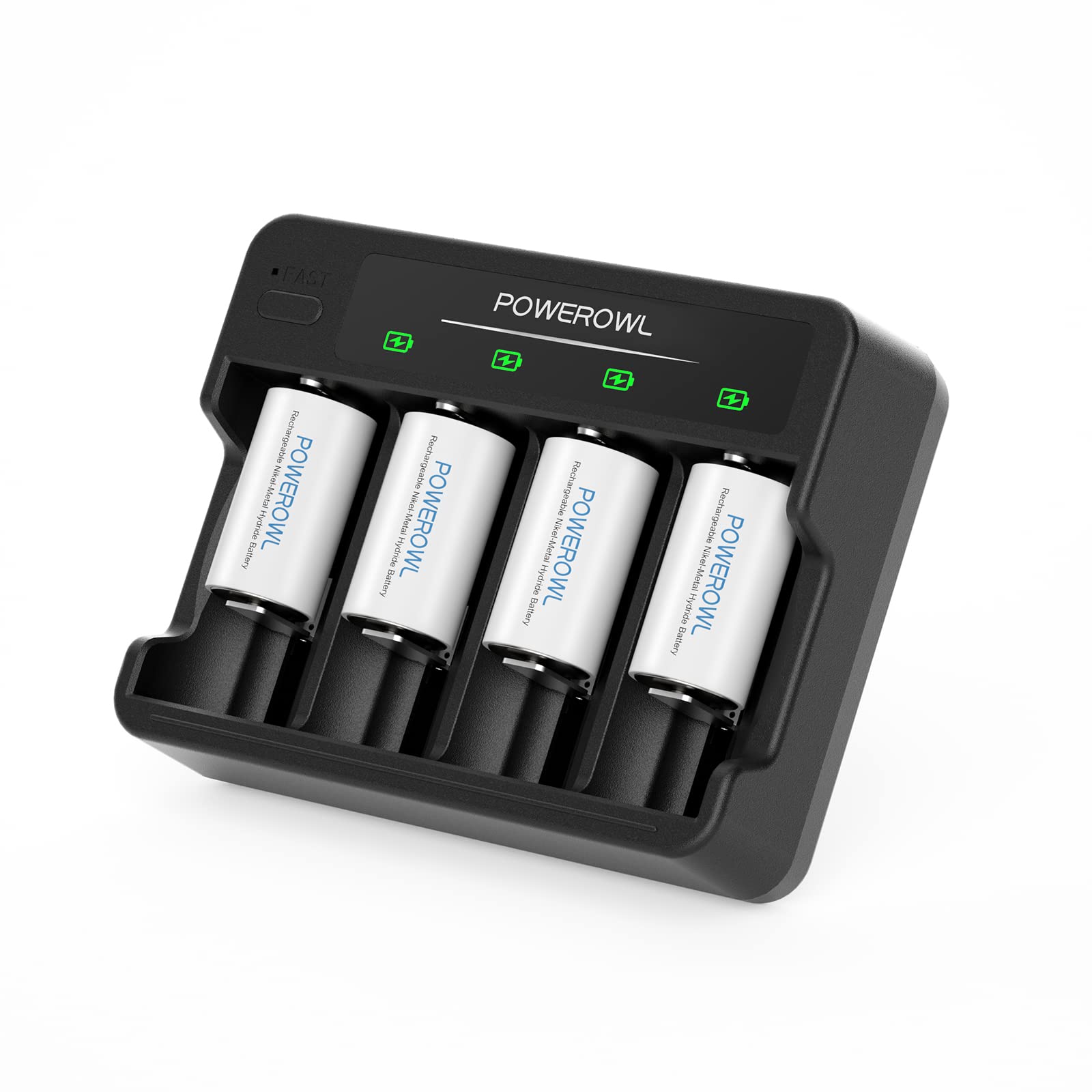 POWEROWL Rechargeable C Batteries 4-Pack with 4 Bay USB Fast Charger - Compatible with AA AAA C D Ni-MH Ni-CD Batteries - Ideal for Flashlights, Toys, Remote Controls & Emergency Power Backup